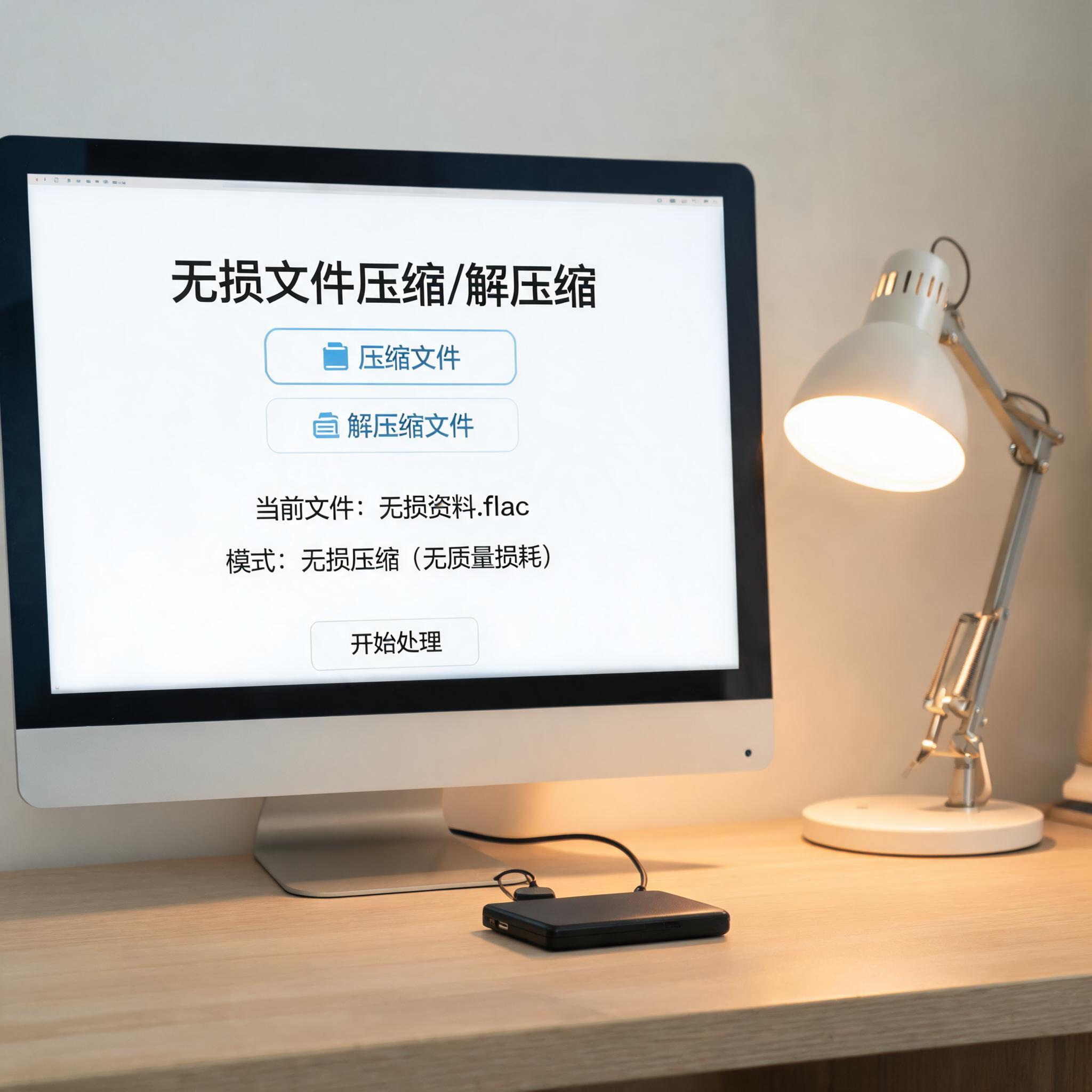 电脑桌上的硬盘，屏幕显示无损文件压缩解压缩界面，旁边放着台灯