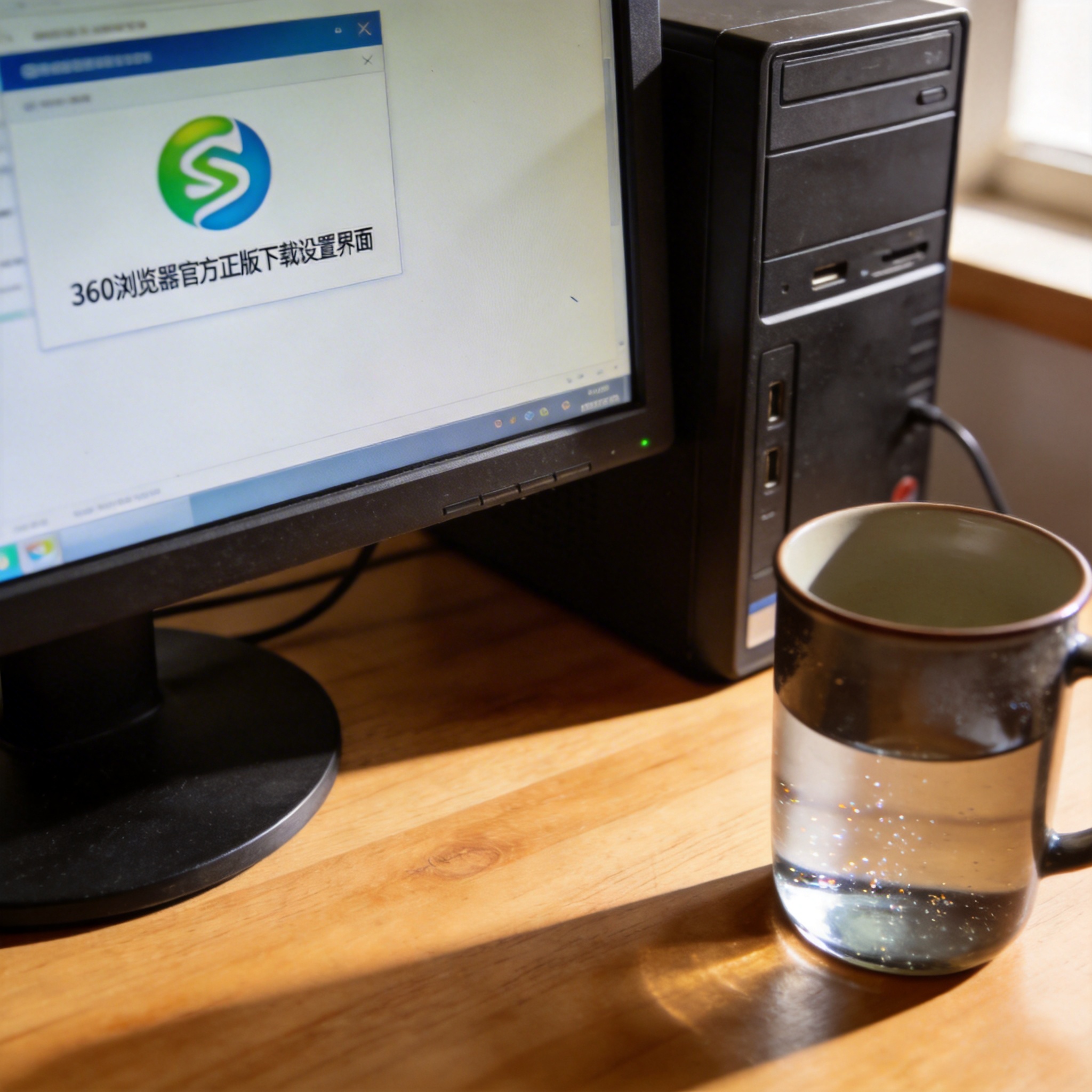 书桌上的主机，屏幕显示360 浏览器官方正版下载设置界面，桌角放着水杯，自然光