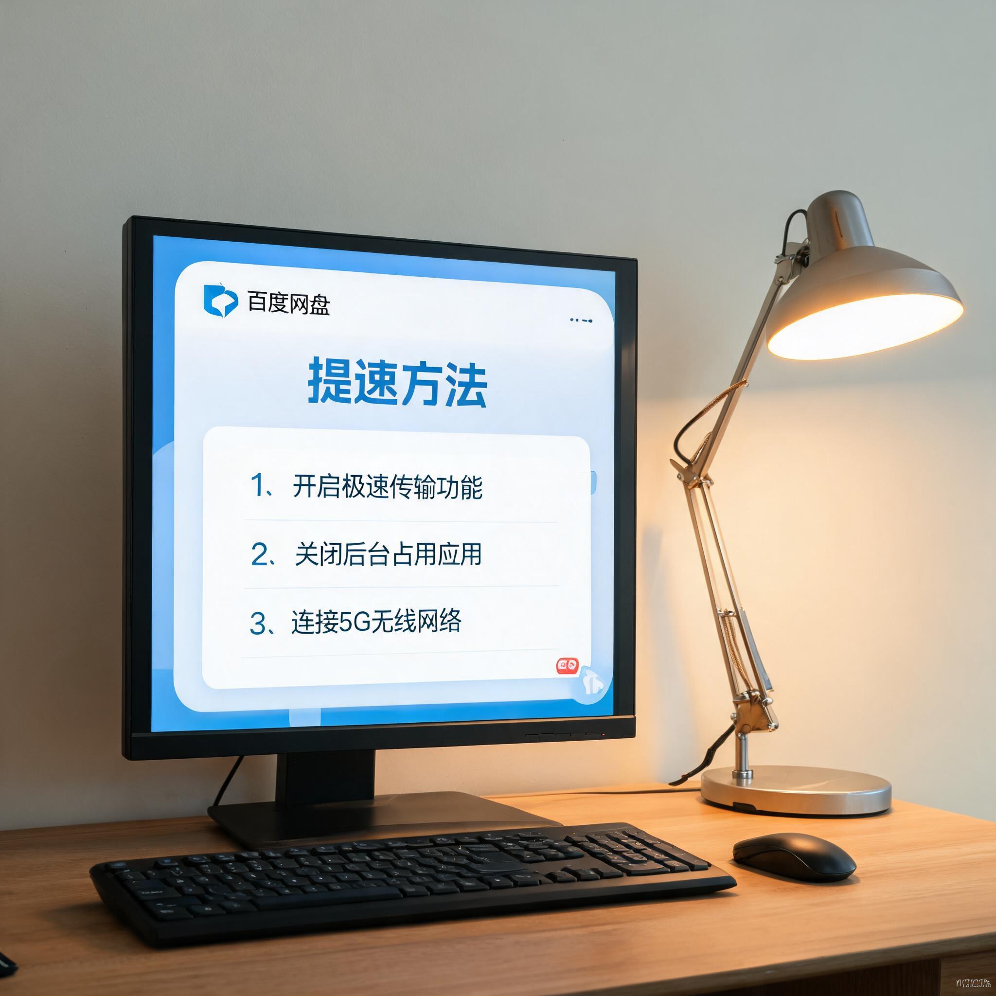 电脑桌上的电脑，屏幕显示百度网盘提速方法手机界面，旁边放着台灯