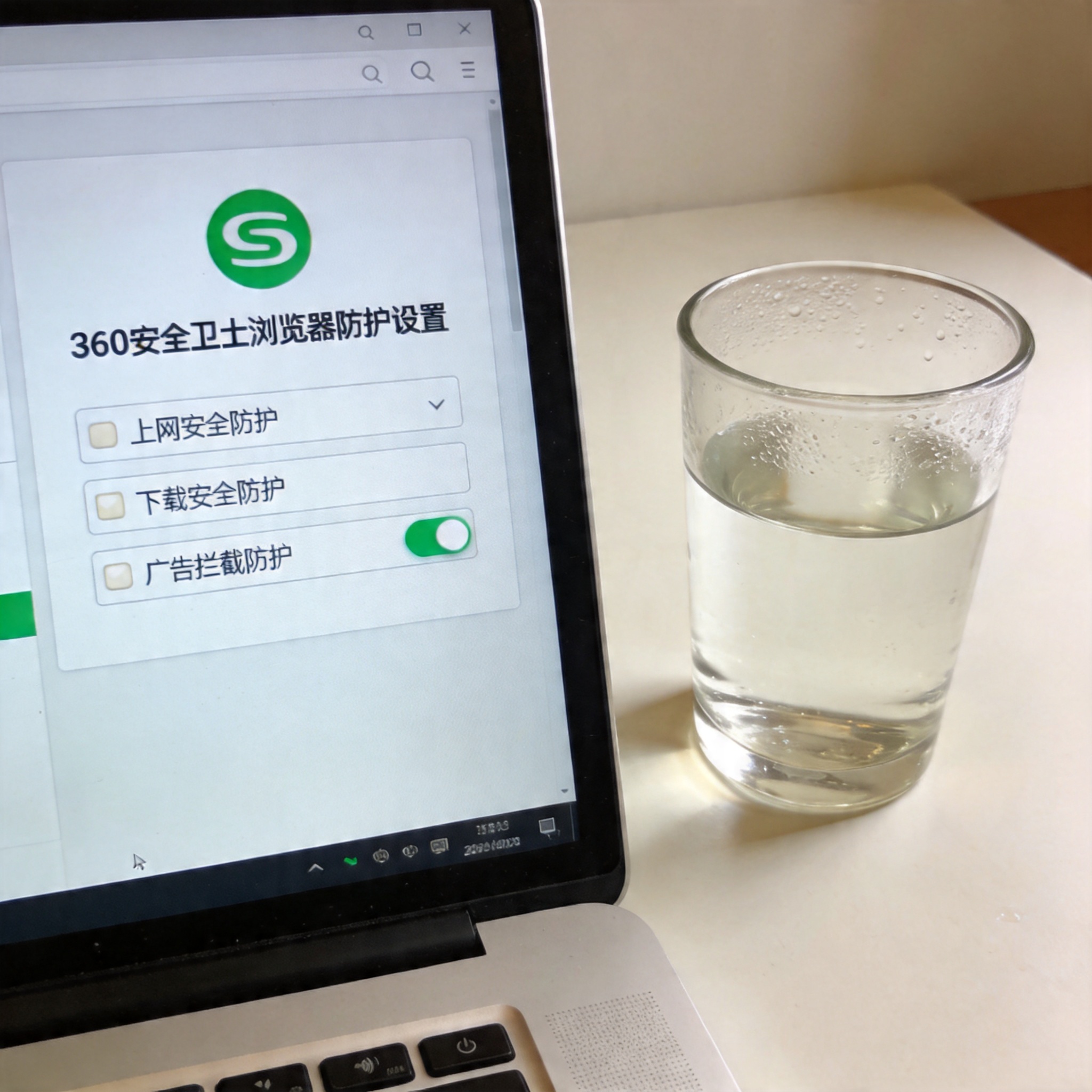 电脑桌的电脑屏幕显示360安全卫士浏览器防护设置界面，三个核心防护开关处于开启状态，旁边放着半杯温水，室内自然光