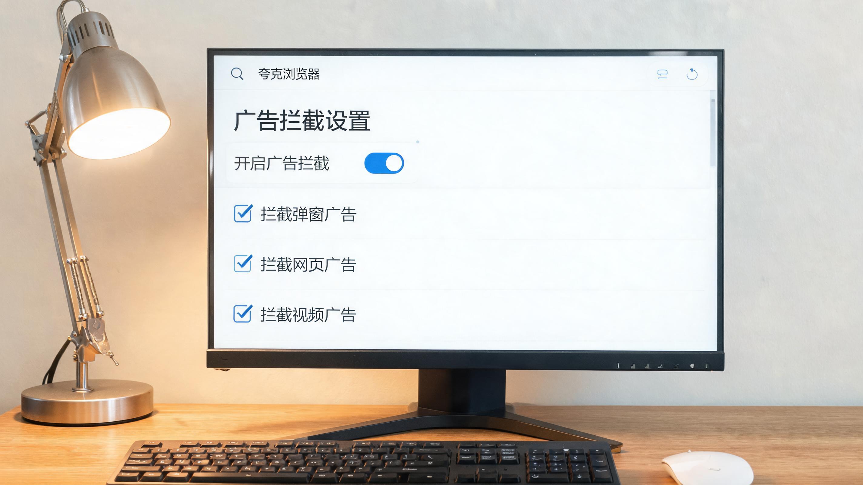 电脑桌上的电脑，屏幕显示夸克浏览器广告拦截设置界面，旁边放着台灯