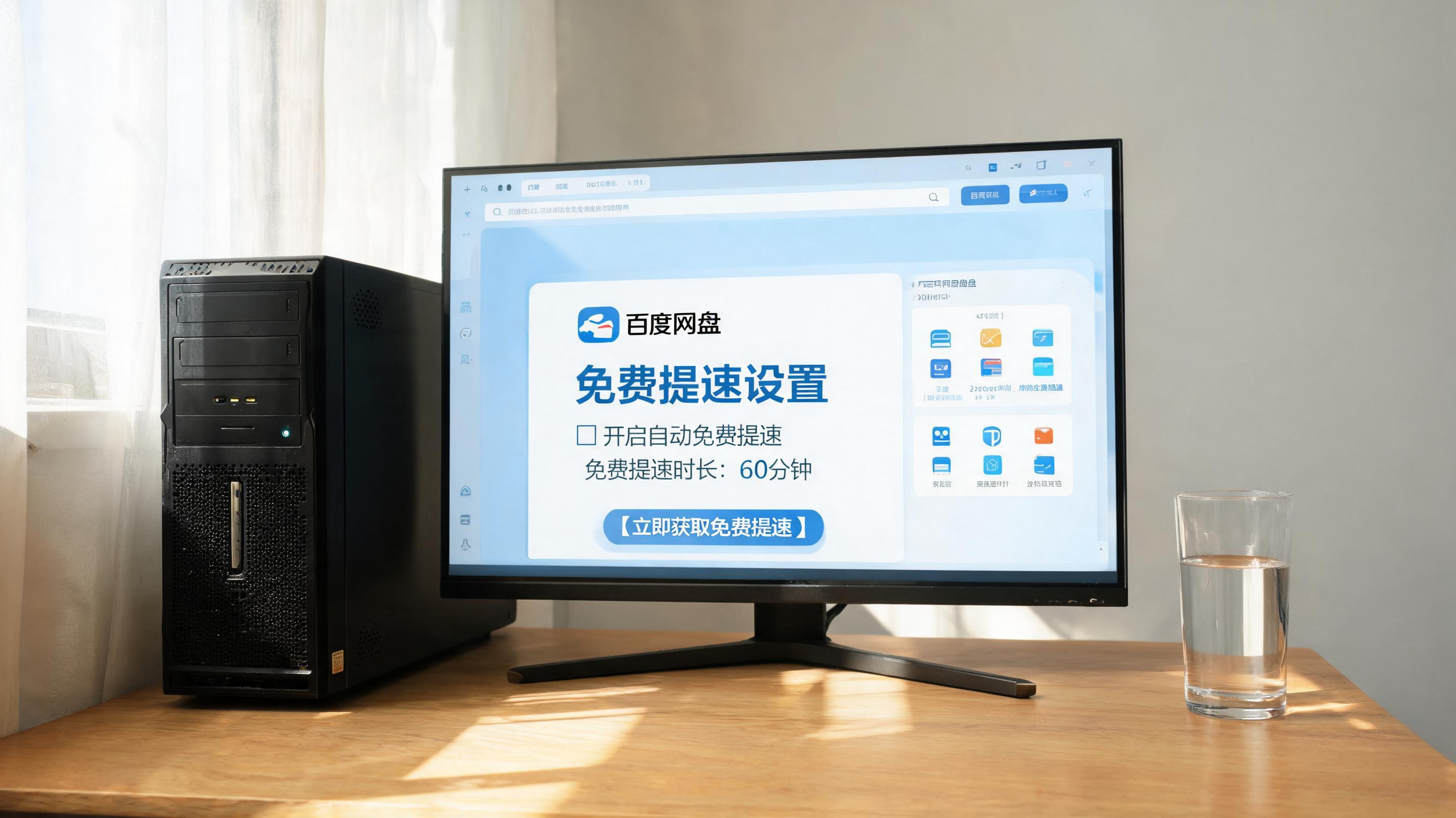 书桌上的主机，屏幕显示百度网盘免费提速设置设置界面，桌角放着水杯，自然光