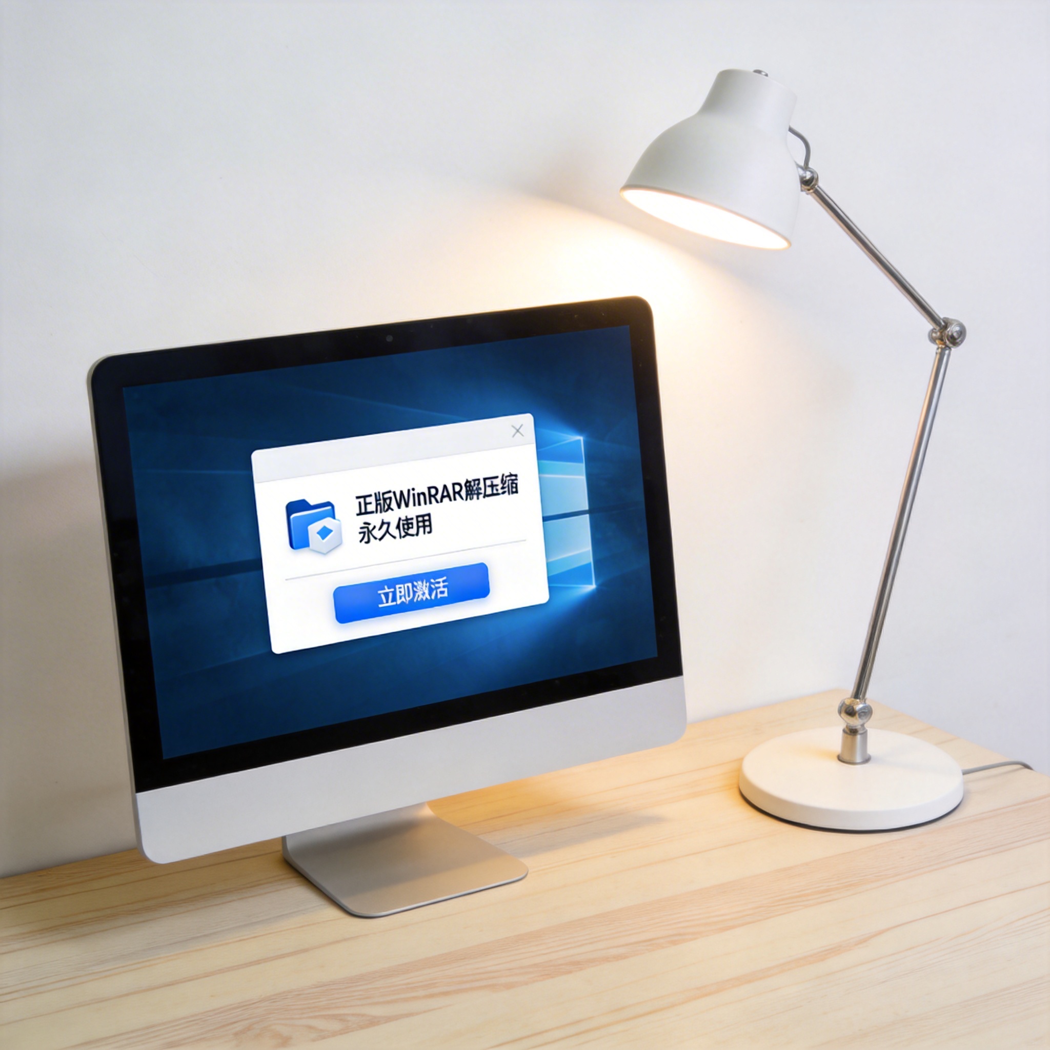 电脑桌上的电脑，屏幕显示正版 winrar 解压缩永久使用界面，旁边放着台灯