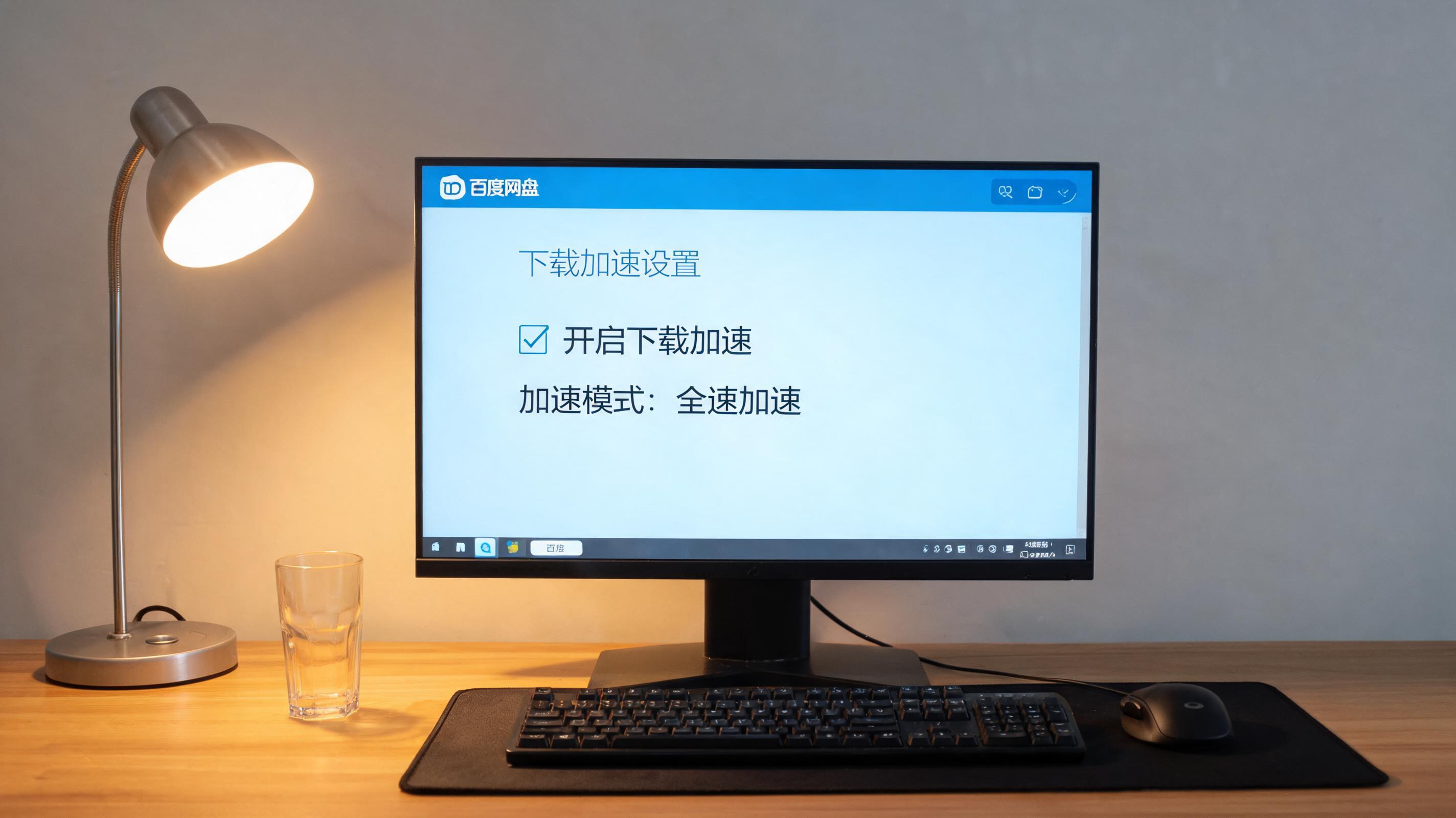 电脑桌上的电脑，屏幕显示百度网盘下载加速怎么设置界面，旁边放着台灯
