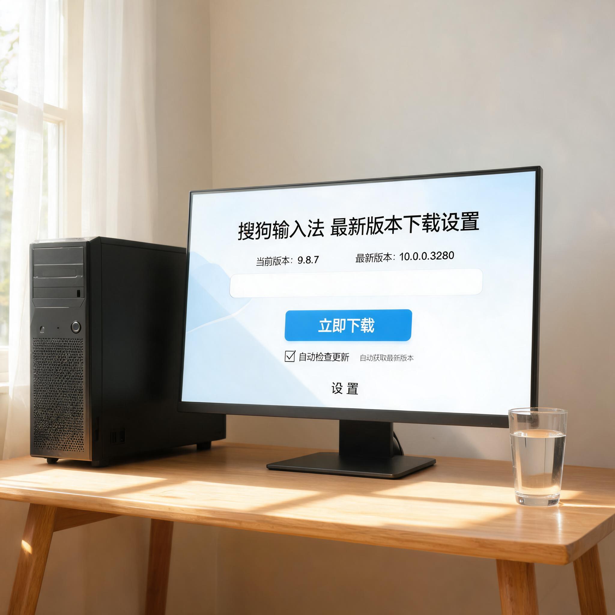 书桌上的主机，屏幕显示搜狗输入法最新版本下载设置界面，桌角放着水杯，自然光