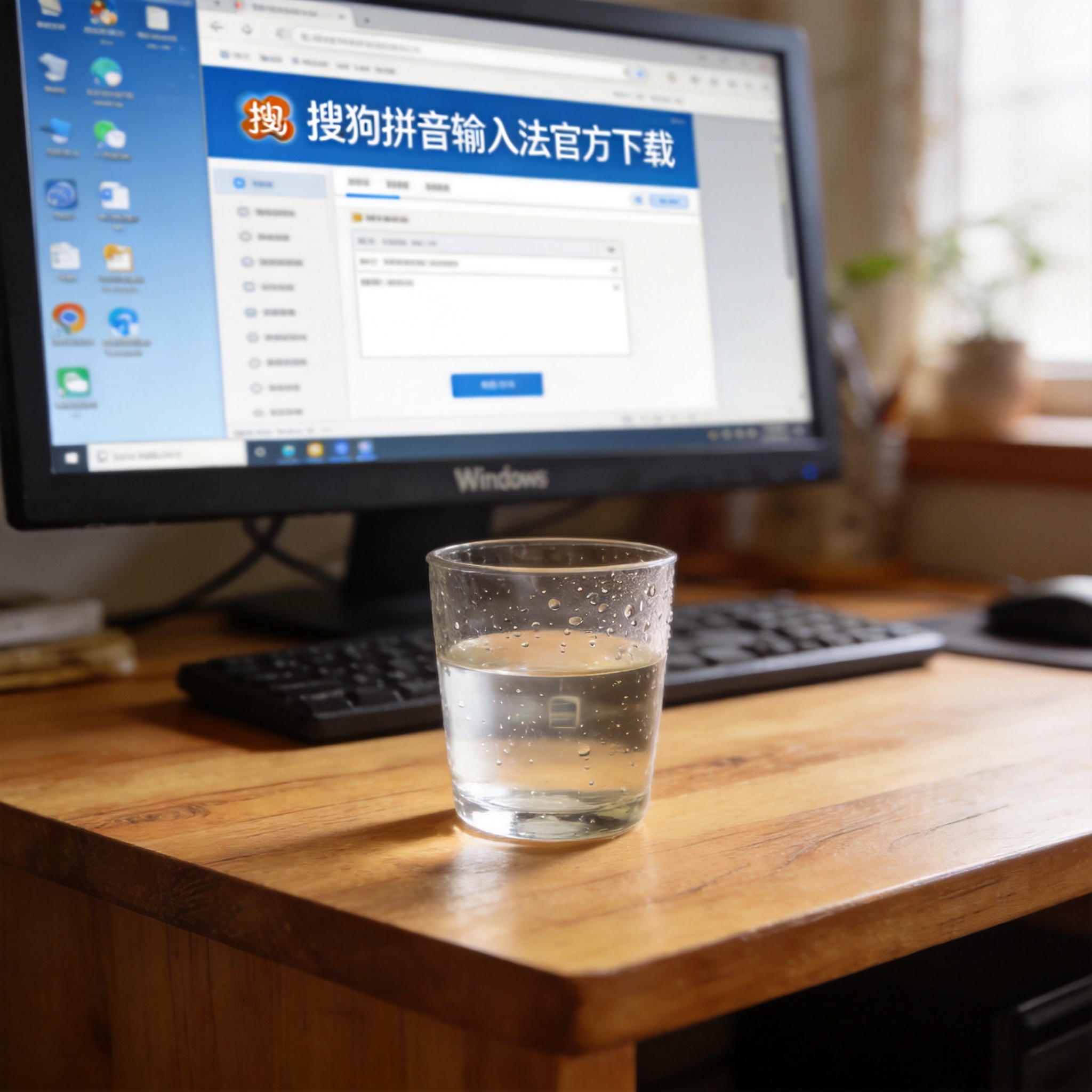 电脑桌的Windows系统电脑，屏幕显示搜狗拼音官方下载页面，桌面放着半杯凉白开，室内自然光