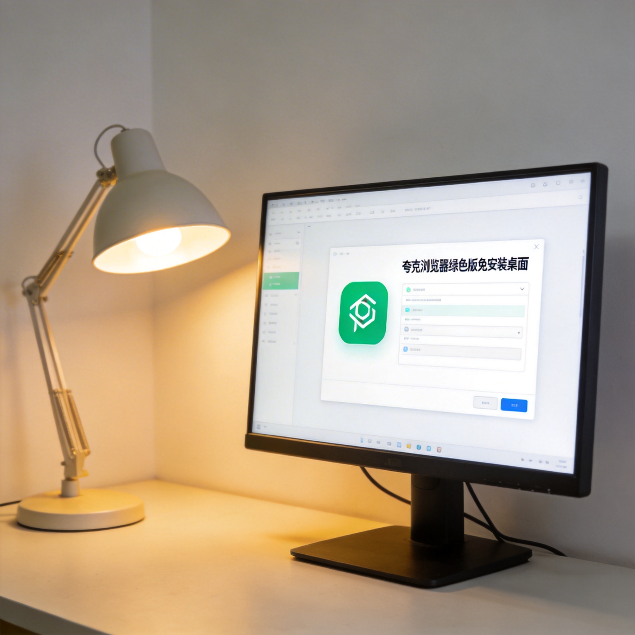 电脑桌上的电脑，屏幕显示夸克浏览器绿色版免安装桌面，旁边放着台灯