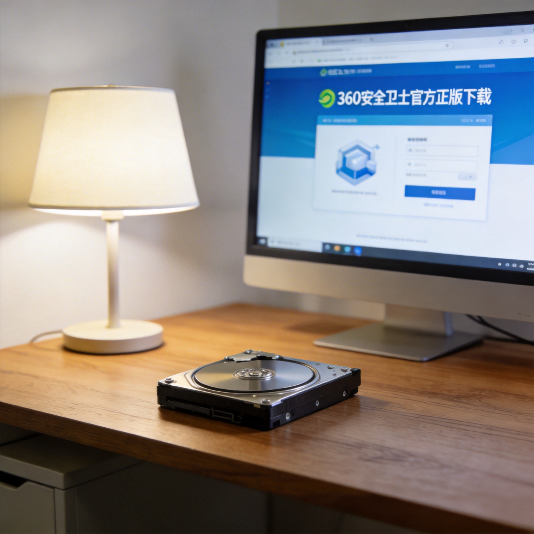 电脑桌上的硬盘，屏幕显示360 安全卫士官方正版下载界面，旁边放着台灯