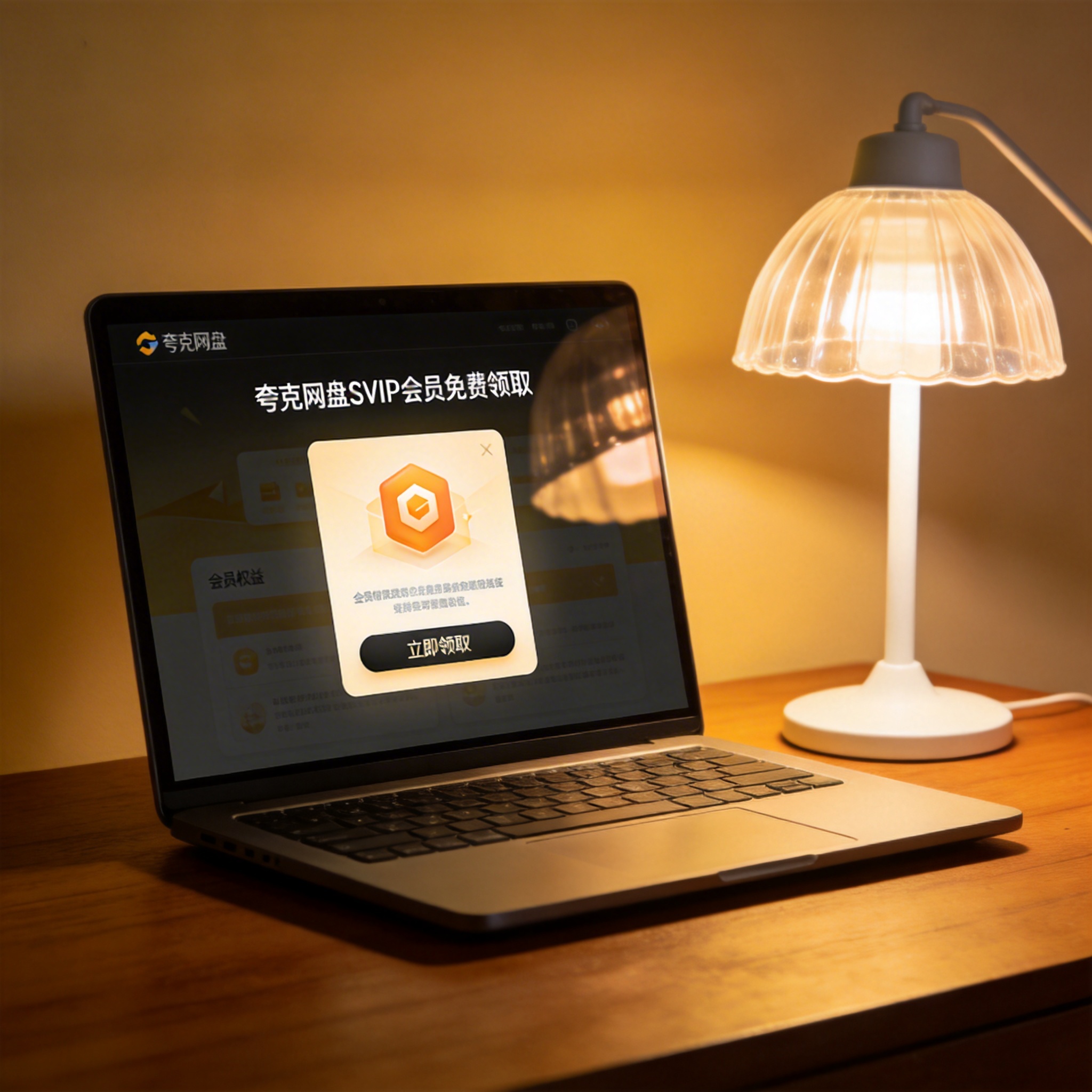 电脑桌上的电脑，屏幕显示夸克网盘 SVIP 会员免费领取界面，旁边放着台灯
