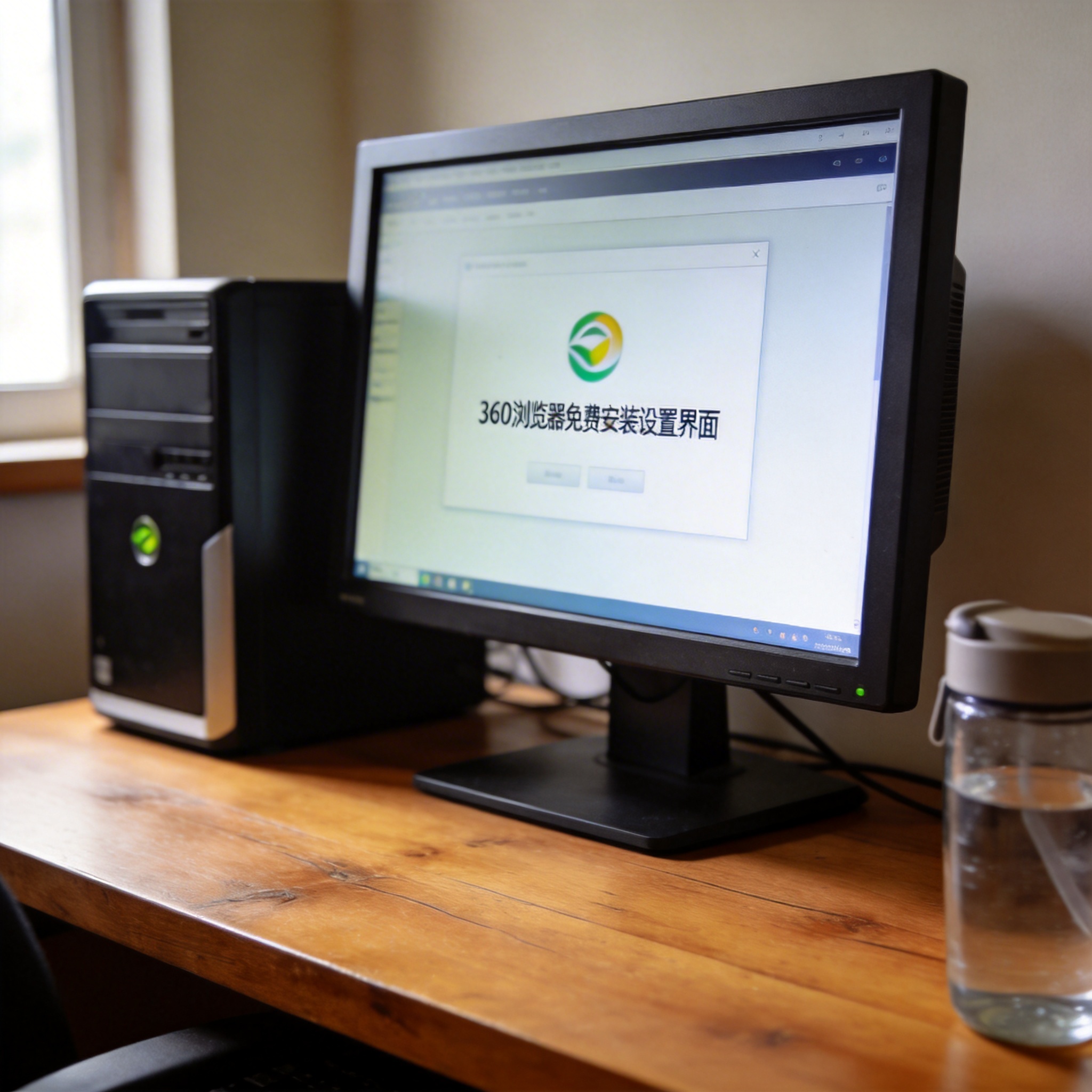 书桌上的主机，屏幕显示360 浏览器免费安装设置界面，桌角放着水杯，自然光