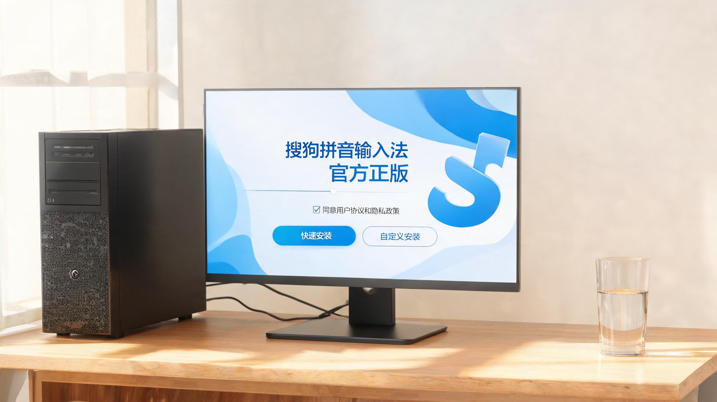书桌上的主机，屏幕显示搜狗拼音官方正版安装设置界面，桌角放着水杯，自然光