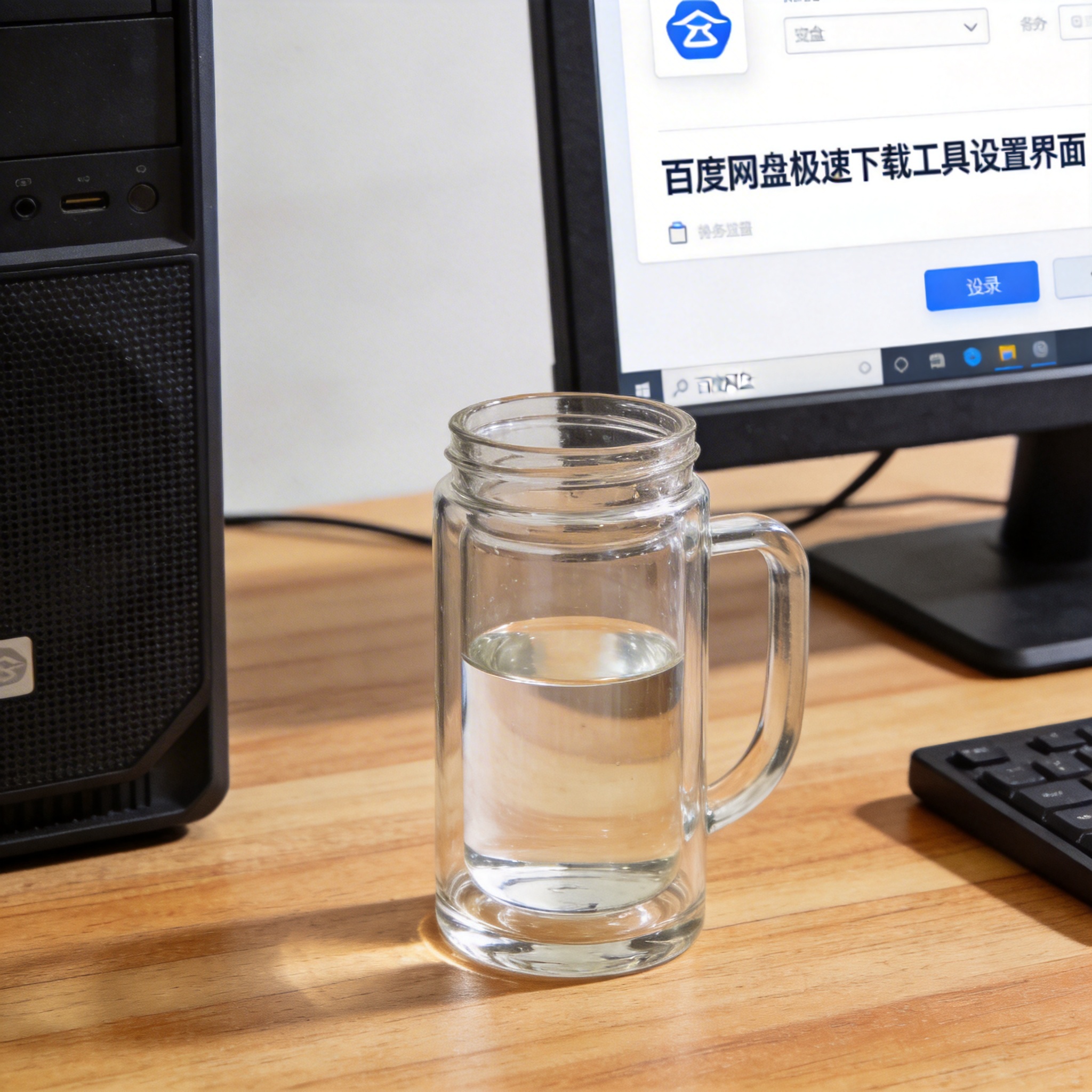 书桌上的主机，屏幕显示百度网盘极速下载工具设置界面，桌角放着水杯，自然光