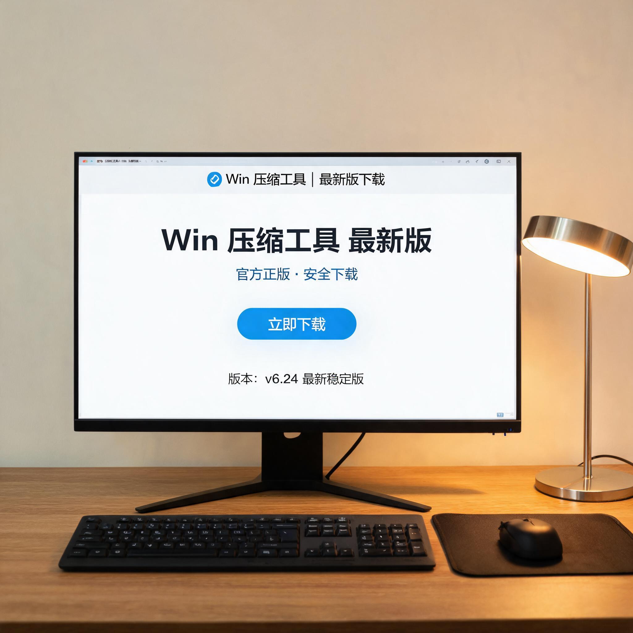 电脑桌上的电脑，屏幕显示win 压缩工具最新版下载菜单，旁边放着台灯