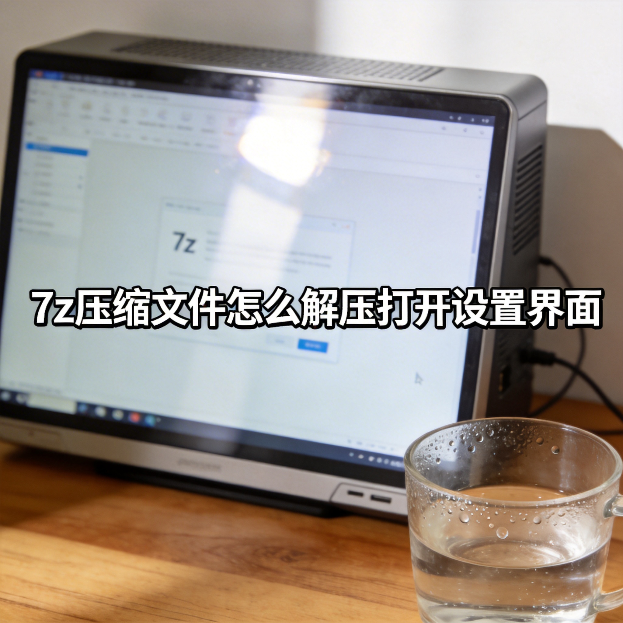 书桌上的主机，屏幕显示7z 压缩文件怎么解压打开设置界面，桌角放着水杯，自然光