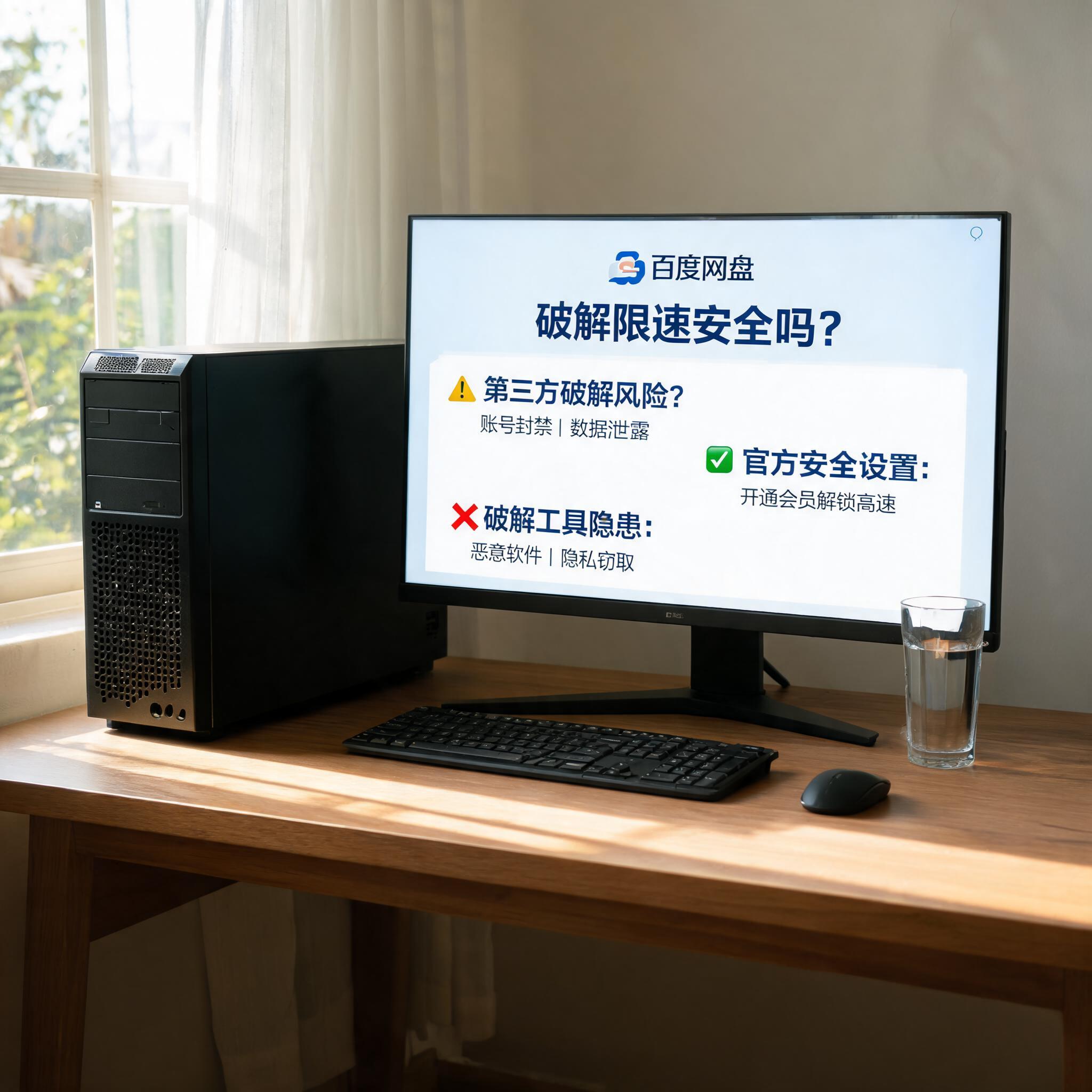 书桌上的主机，屏幕显示百度网盘破解限速安全吗设置界面，桌角放着水杯，自然光