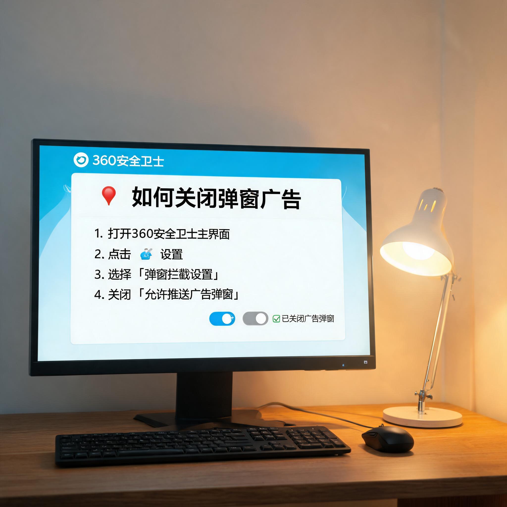 电脑桌上的电脑，屏幕显示360 卫士怎么关闭弹窗广告界面，旁边放着台灯