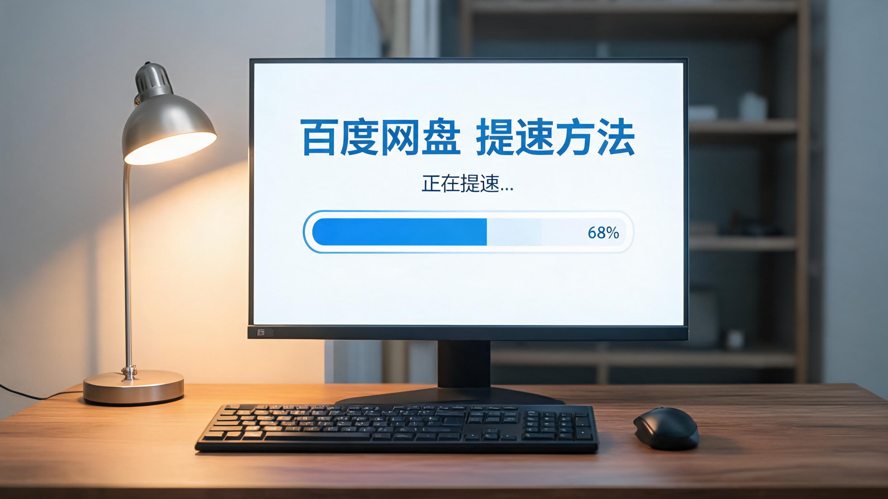 电脑桌上的电脑，屏幕显示百度网盘提速方法电脑进度条，旁边放着台灯