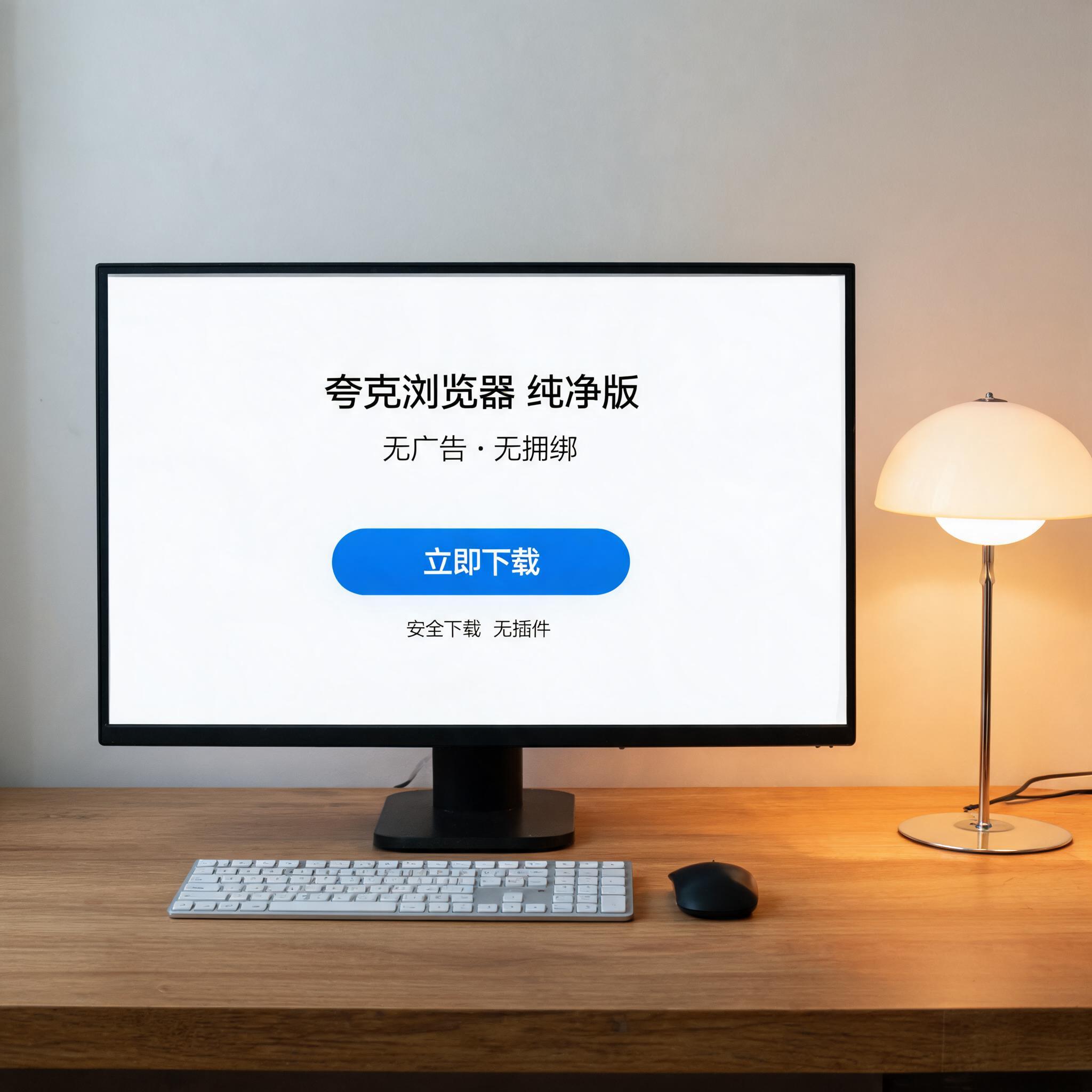 电脑桌上的电脑，屏幕显示夸克浏览器纯净版无广告下载界面，旁边放着台灯