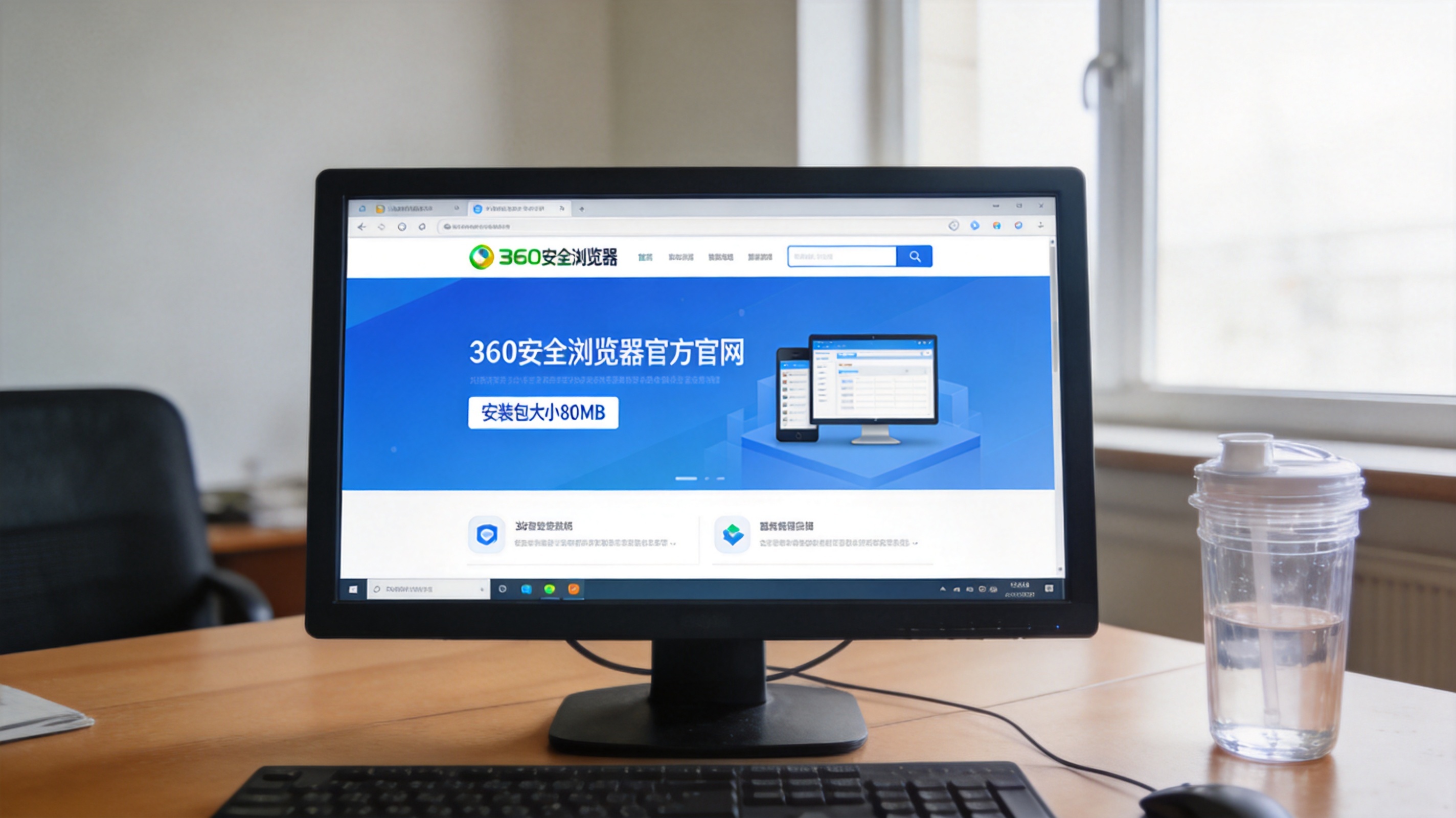电脑桌的Windows系统电脑，屏幕显示360安全浏览器官方官网页面，页面标注安装包大小80MB，桌面放着塑料水杯，室内自然光
