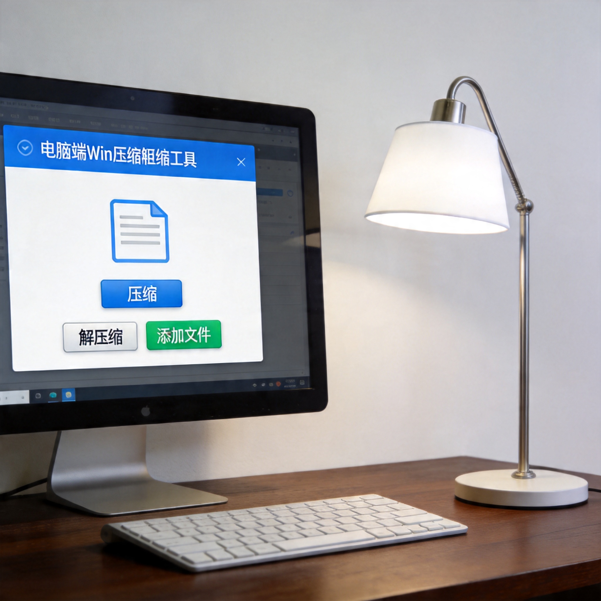 电脑桌上的电脑，屏幕显示电脑端 win 压缩解压缩工具界面，旁边放着台灯