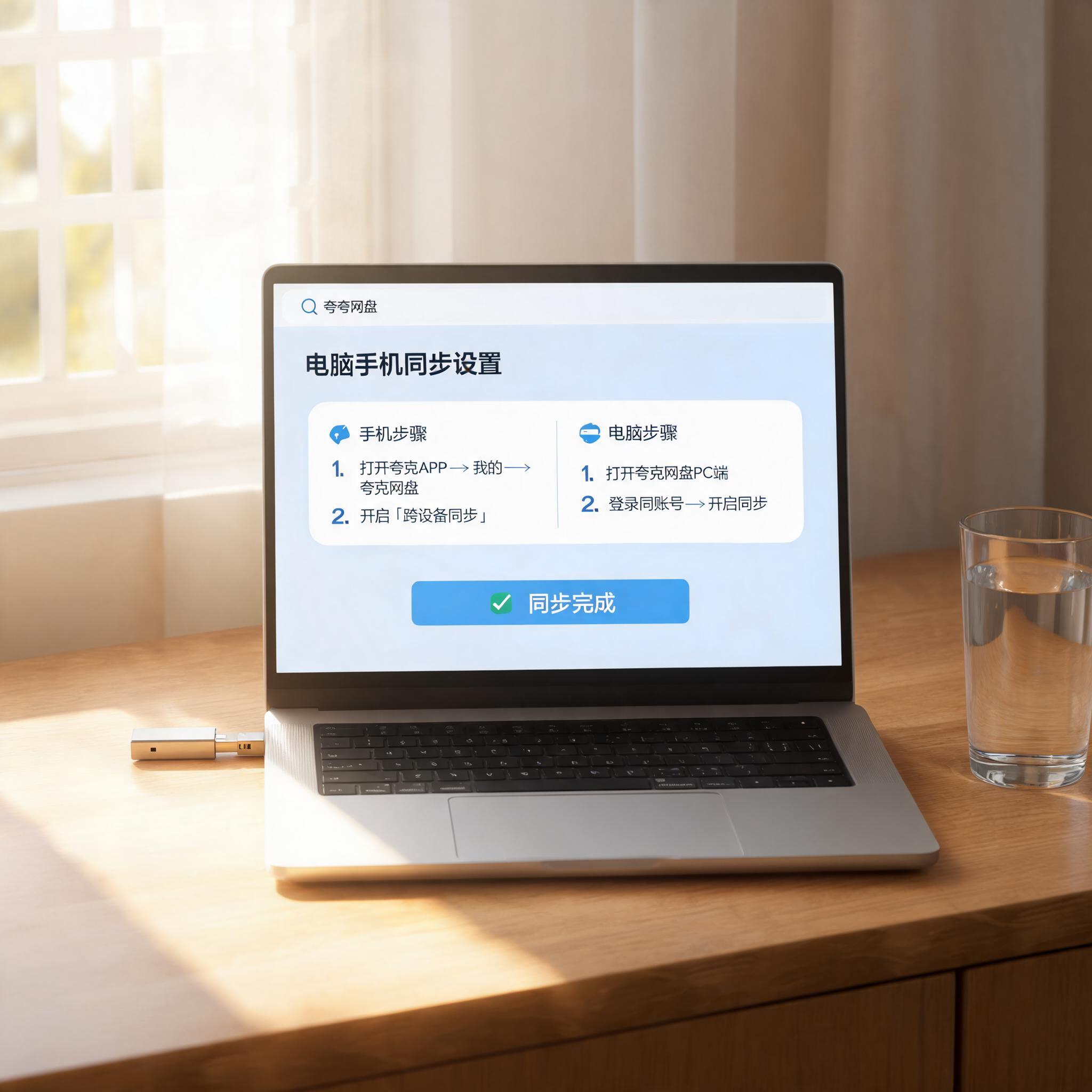 书桌上的U盘，屏幕显示夸克网盘电脑手机同步方法设置界面，桌角放着水杯，自然光