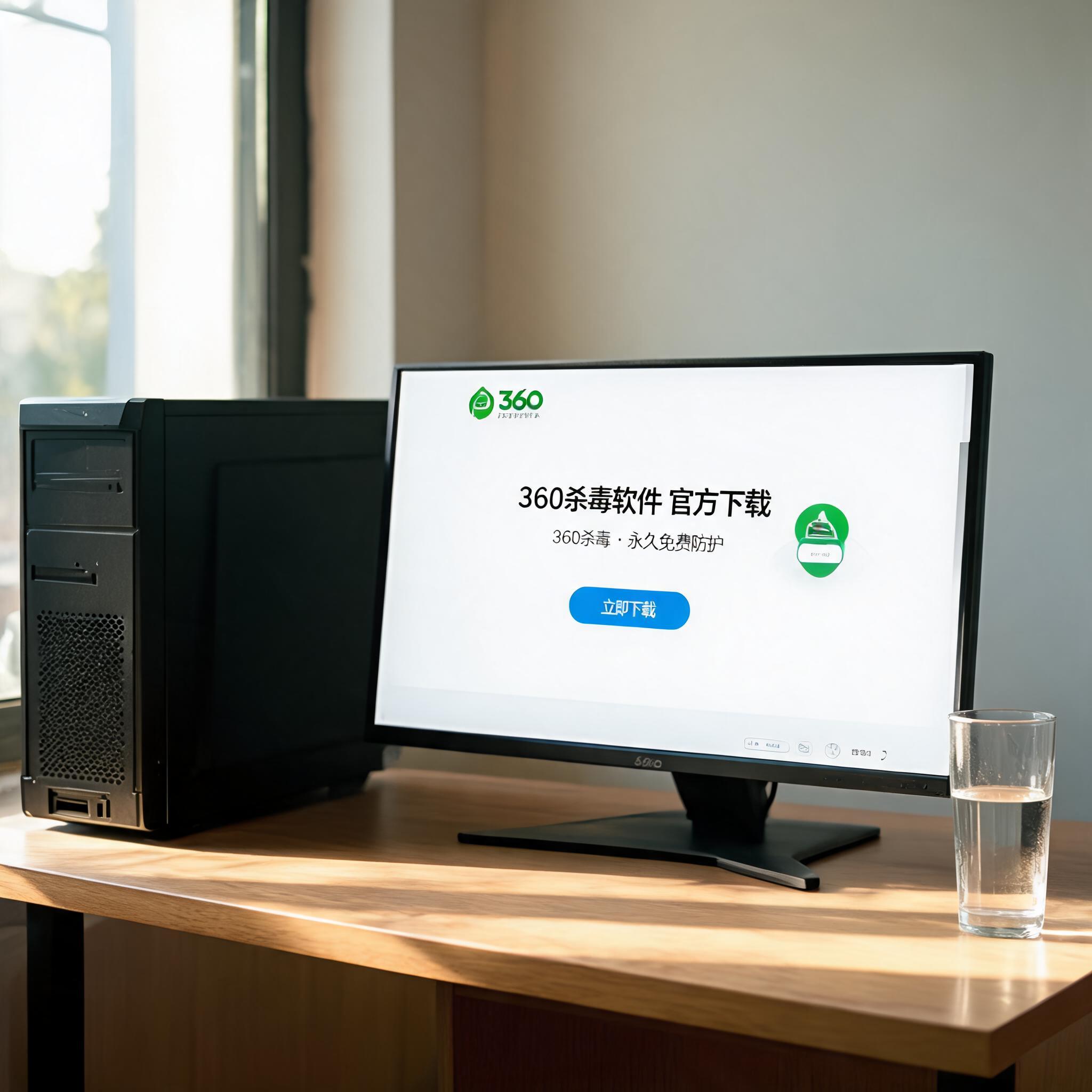 书桌上的主机，屏幕显示360 杀毒软件官方下载设置界面，桌角放着水杯，自然光