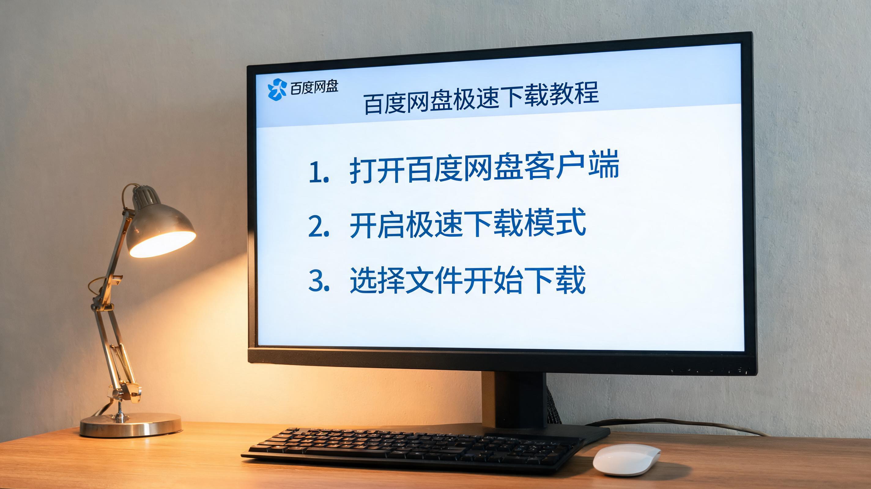 电脑桌上的电脑，屏幕显示百度网盘极速下载教程窗口，旁边放着台灯
