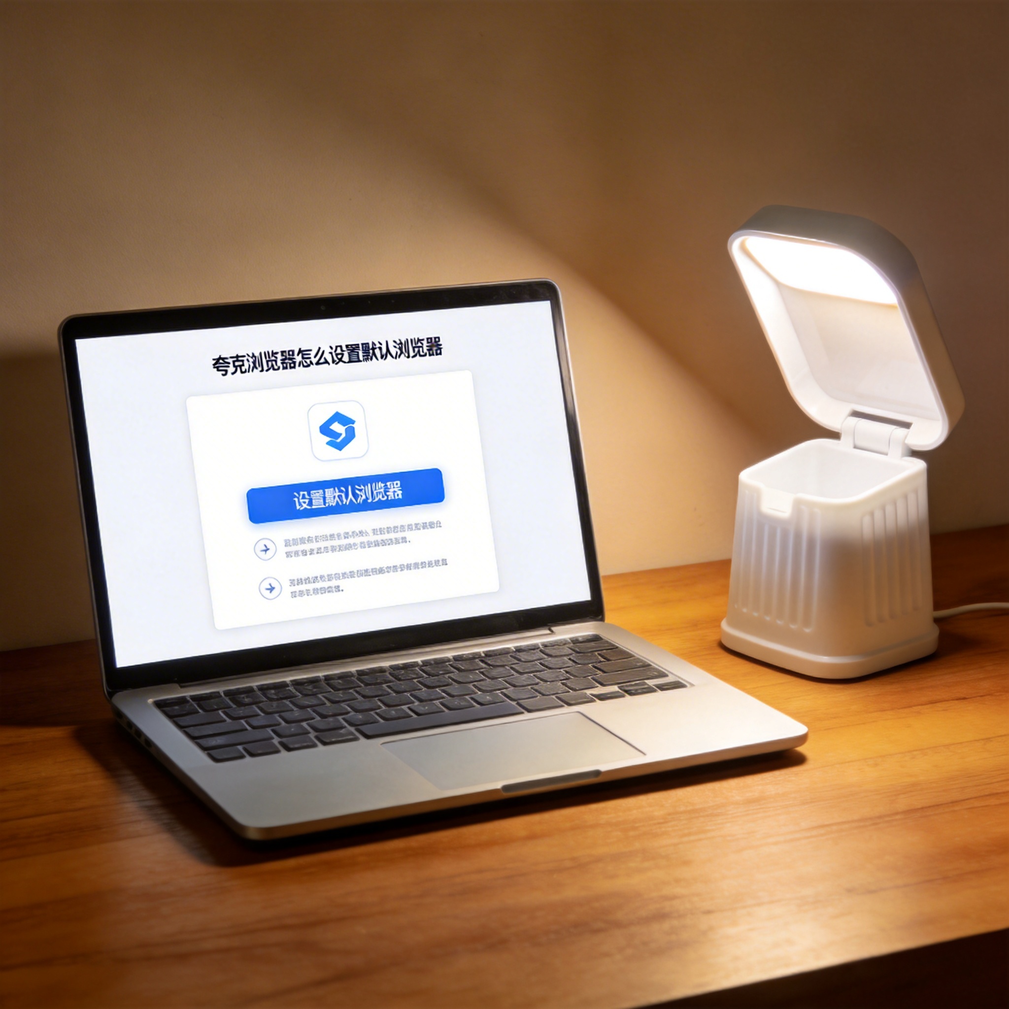 电脑桌上的电脑，屏幕显示夸克浏览器怎么设置默认浏览器界面，旁边放着台灯