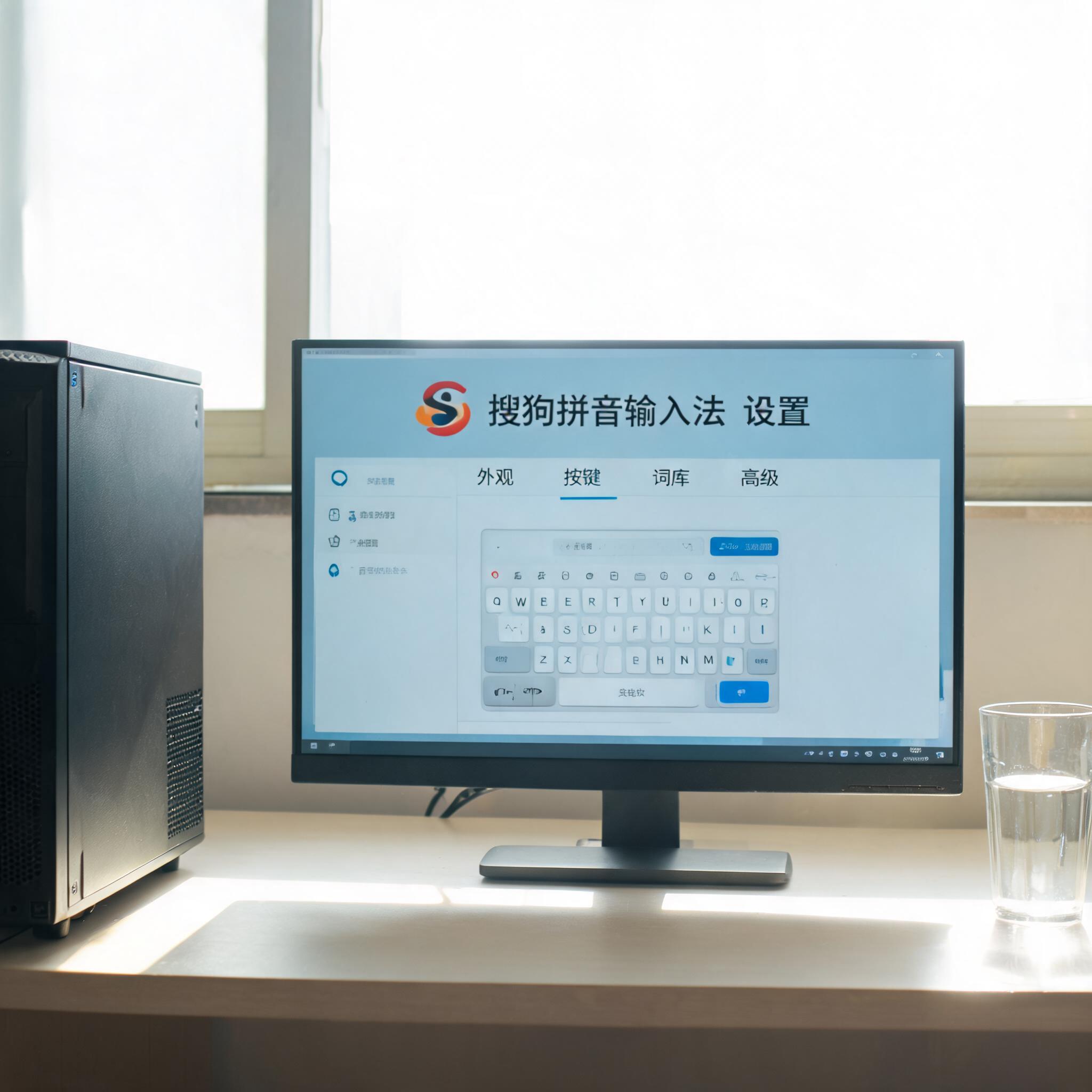书桌上的主机，屏幕显示搜狗拼音设置界面，桌角放着水杯，自然光