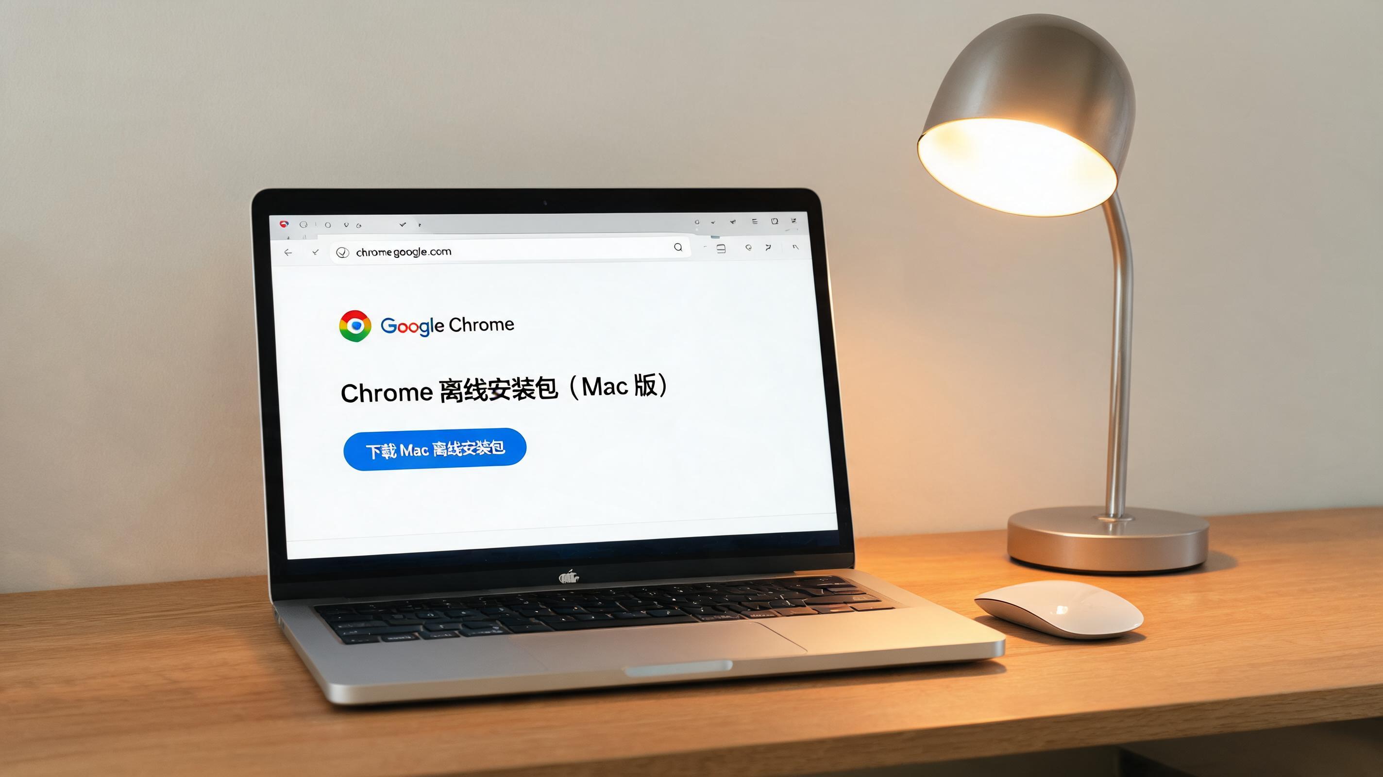 电脑桌上的电脑，屏幕显示chrome mac版离线安装包官网下载界面，旁边放着台灯