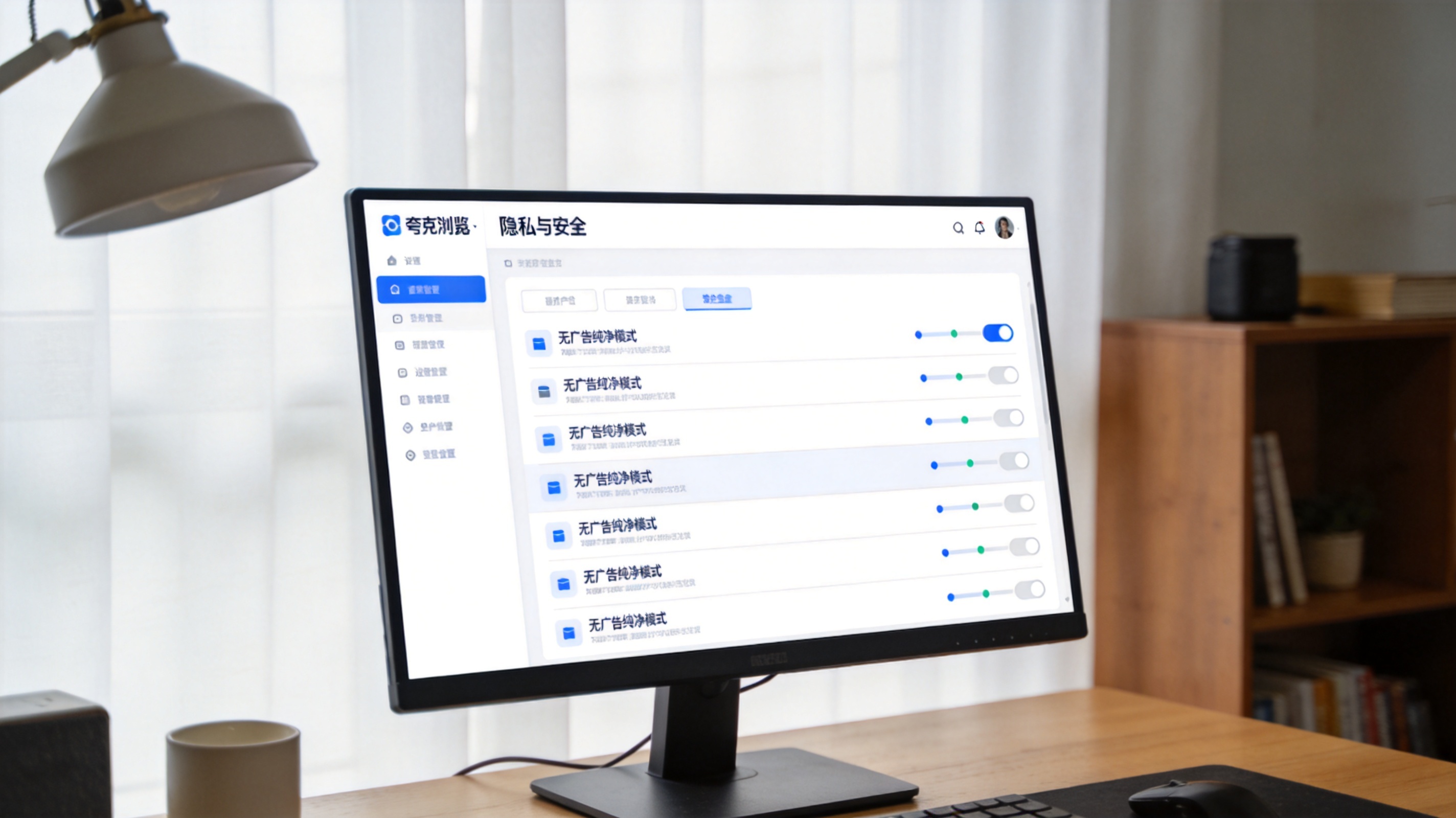 电脑桌面，屏幕显示夸克浏览器的“隐私与安全”设置界面，界面里列出无广告纯净模式的不同档位，室内自然光