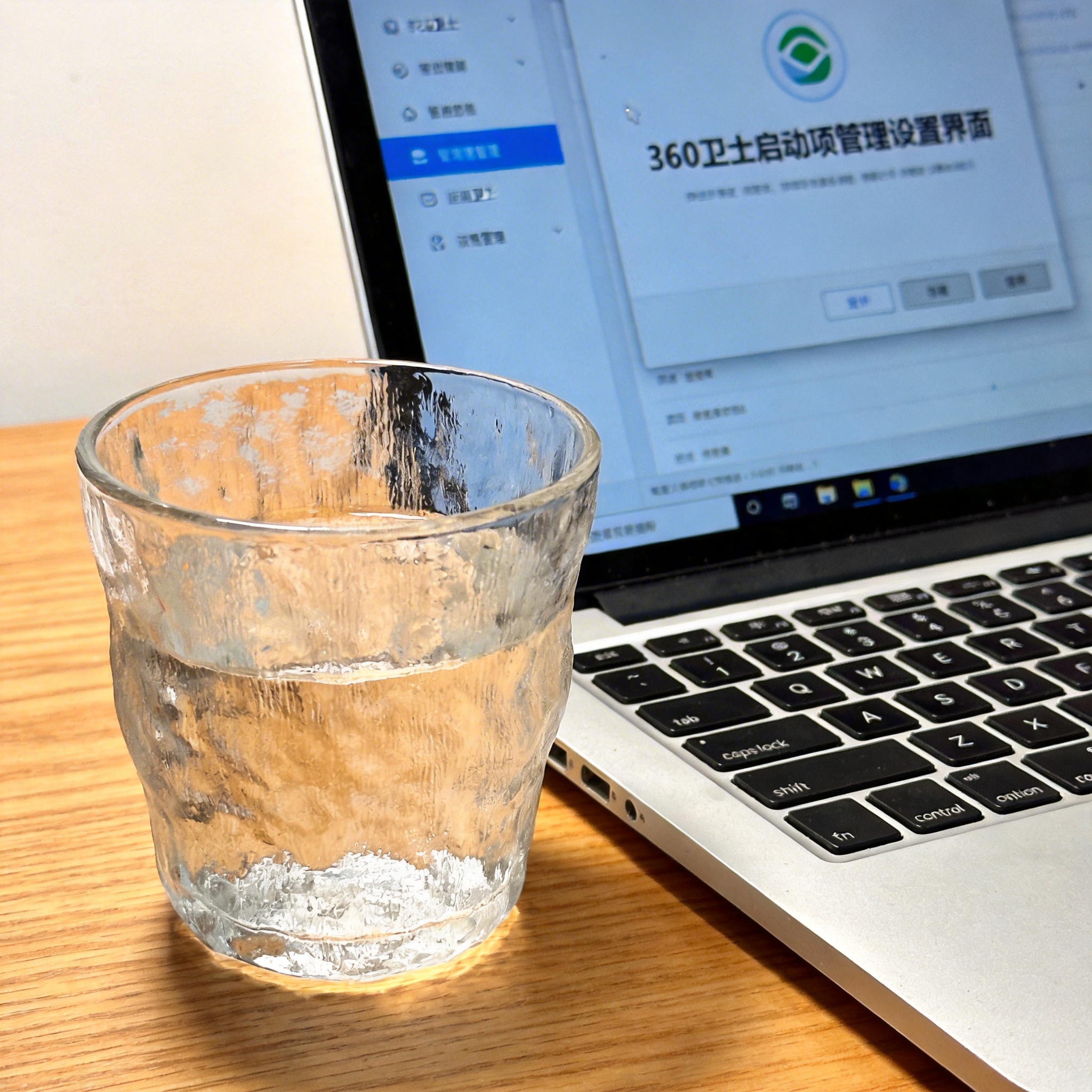 书桌上的笔记本，屏幕显示360 卫士启动项管理设置界面，桌角放着水杯，自然光