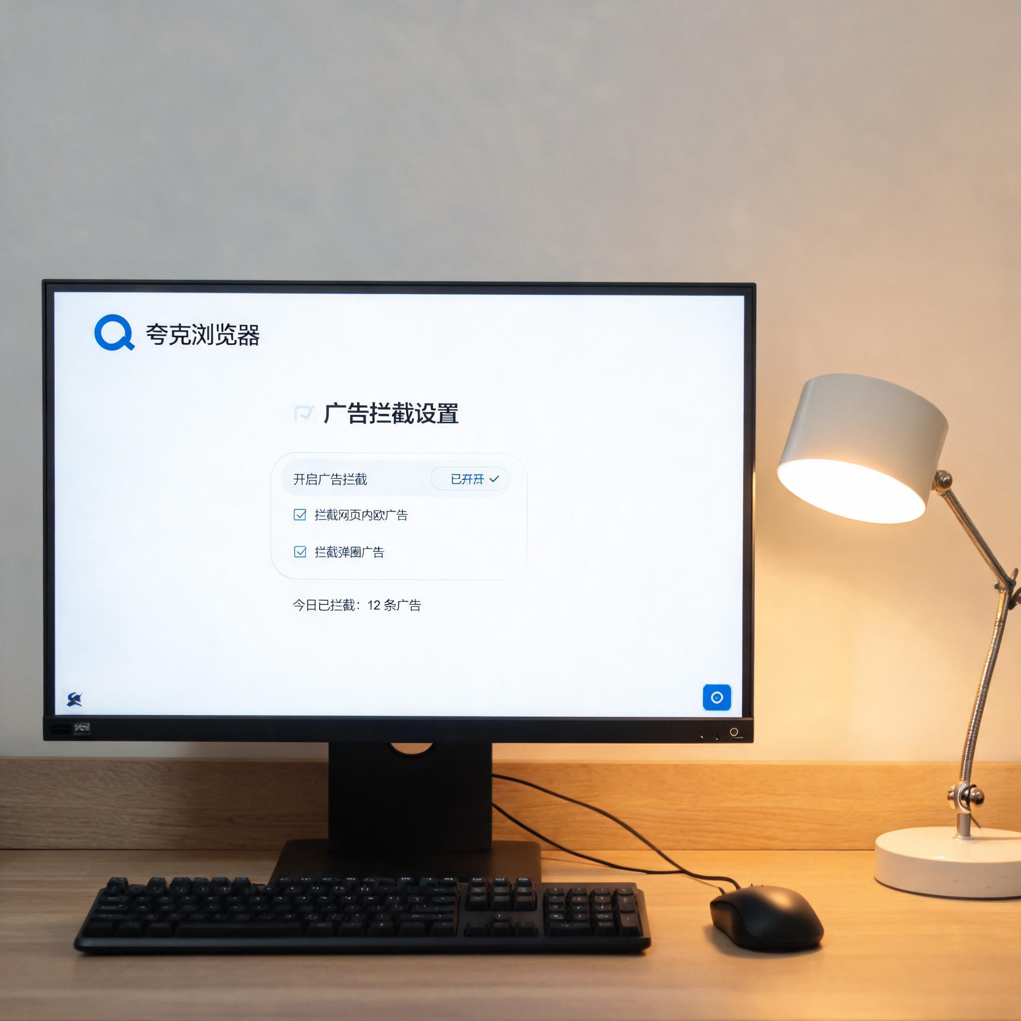 电脑桌上的屏幕，屏幕显示夸克浏览器广告拦截设置屏幕，旁边放着台灯