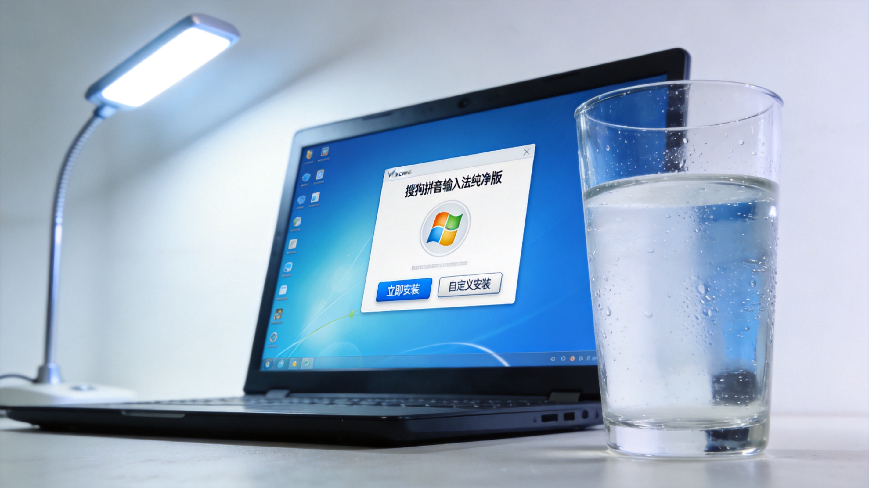电脑屏幕显示Windows系统下的搜狗拼音输入法纯净版安装界面，桌面放着半杯温水，台灯冷光