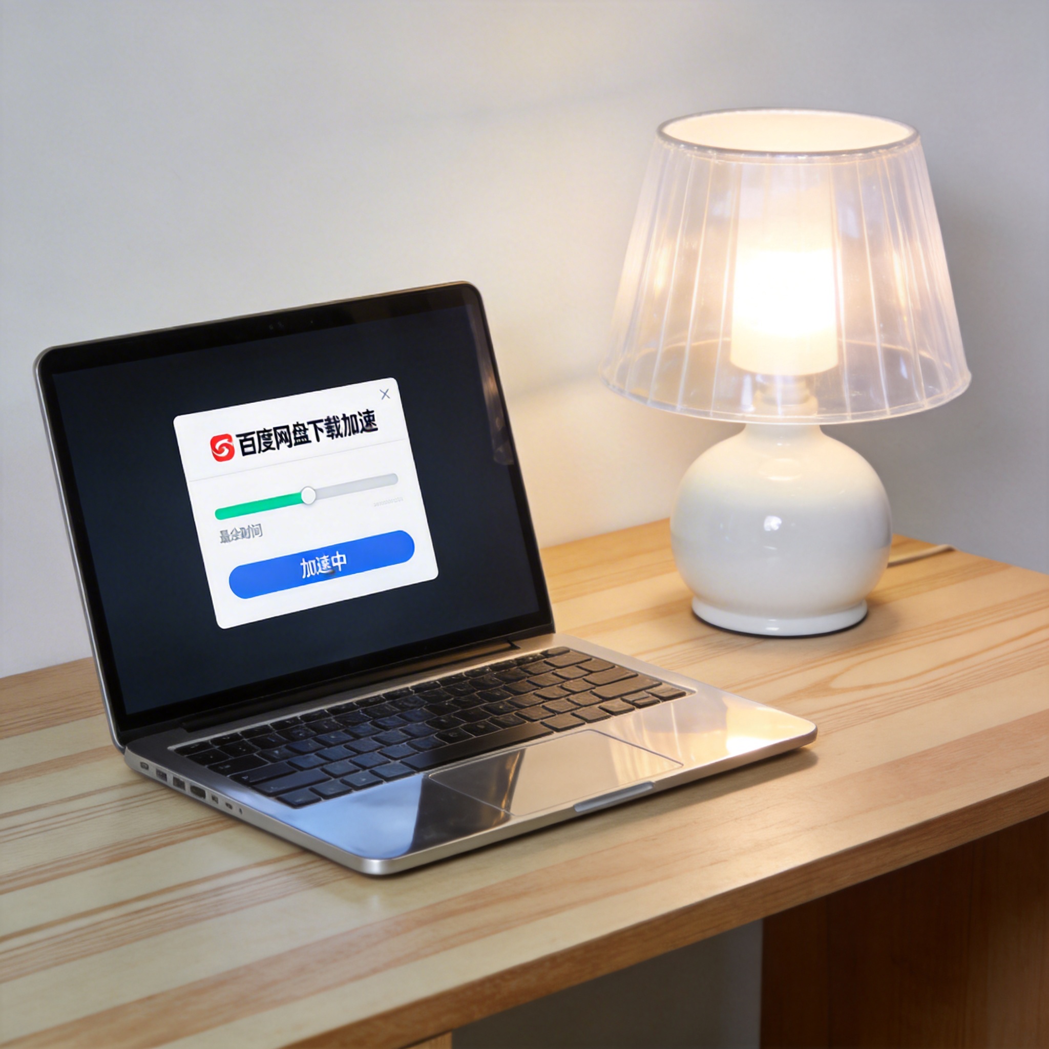 电脑桌上的电脑，屏幕显示百度网盘下载加速手机界面，旁边放着台灯