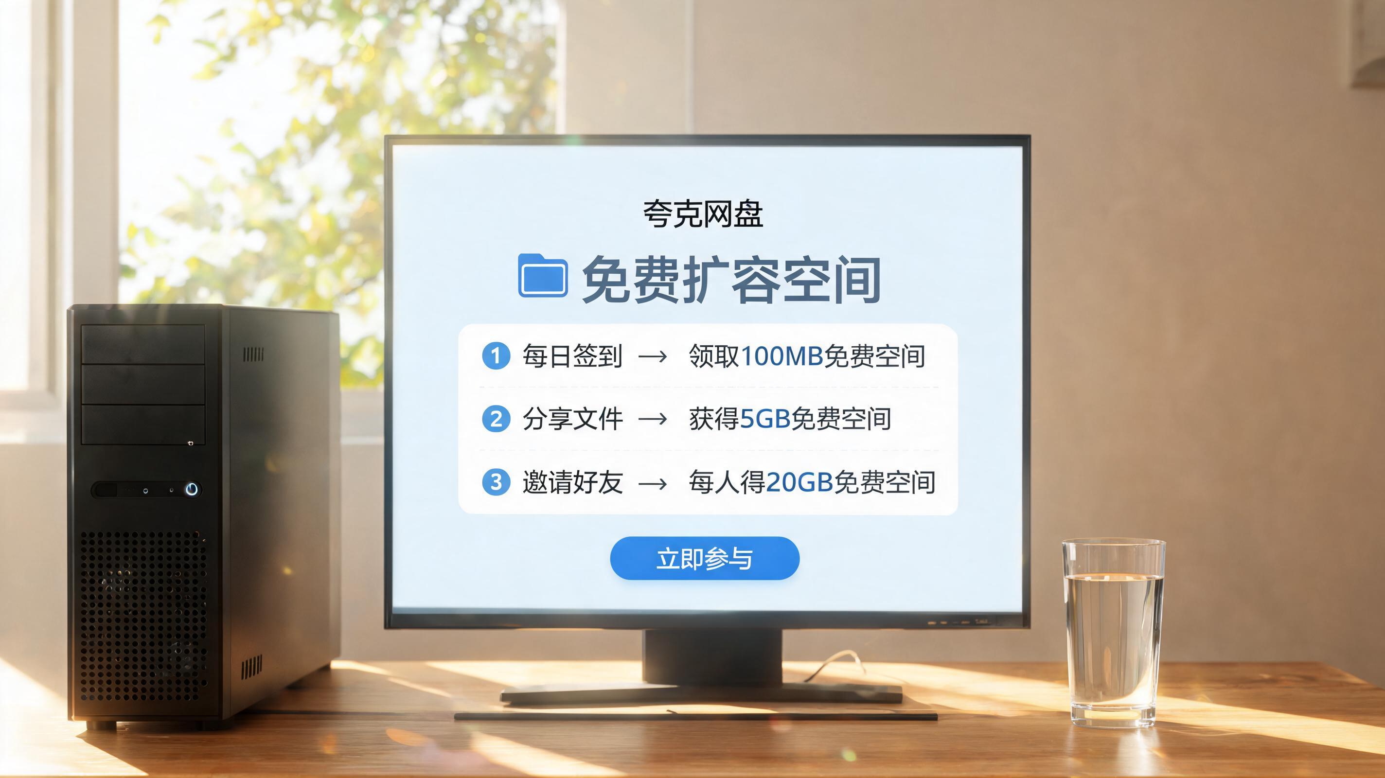书桌上的主机，屏幕显示夸克网盘怎么扩容免费空间设置界面，桌角放着水杯，自然光