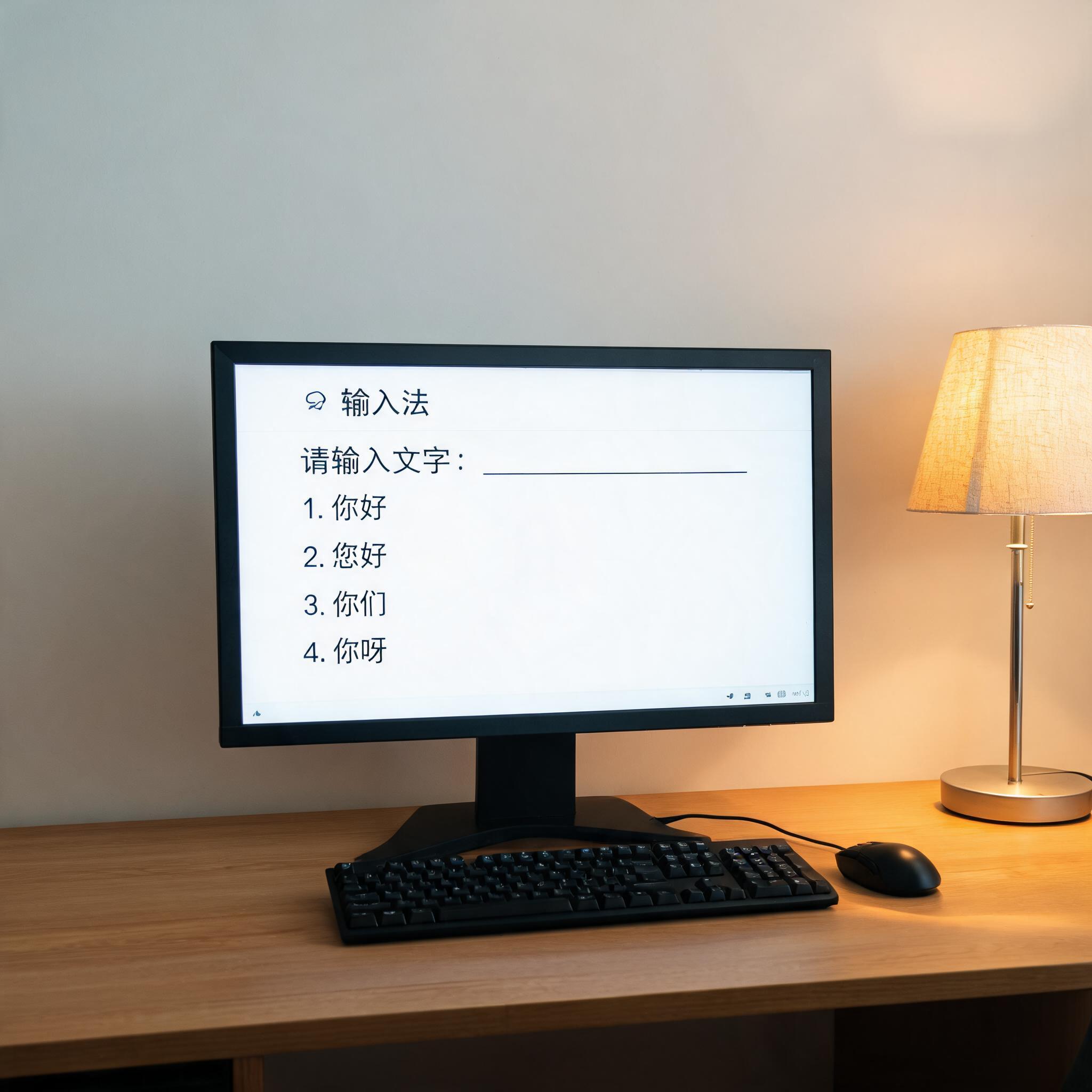 电脑桌上的电脑，屏幕显示输入法界面，旁边放着台灯