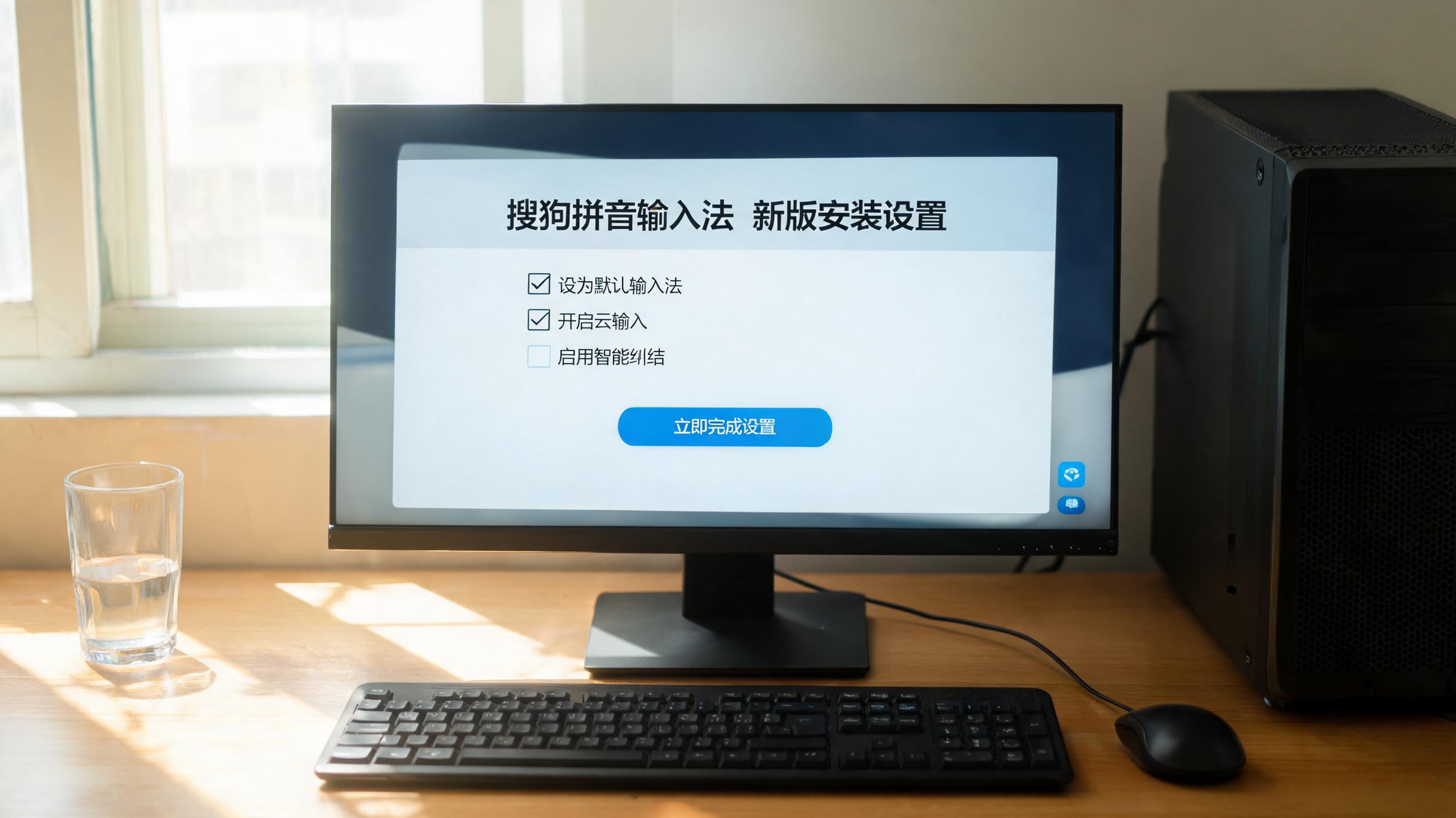 书桌上的主机，屏幕显示搜狗拼音输入法新版安装设置界面，桌角放着水杯，自然光