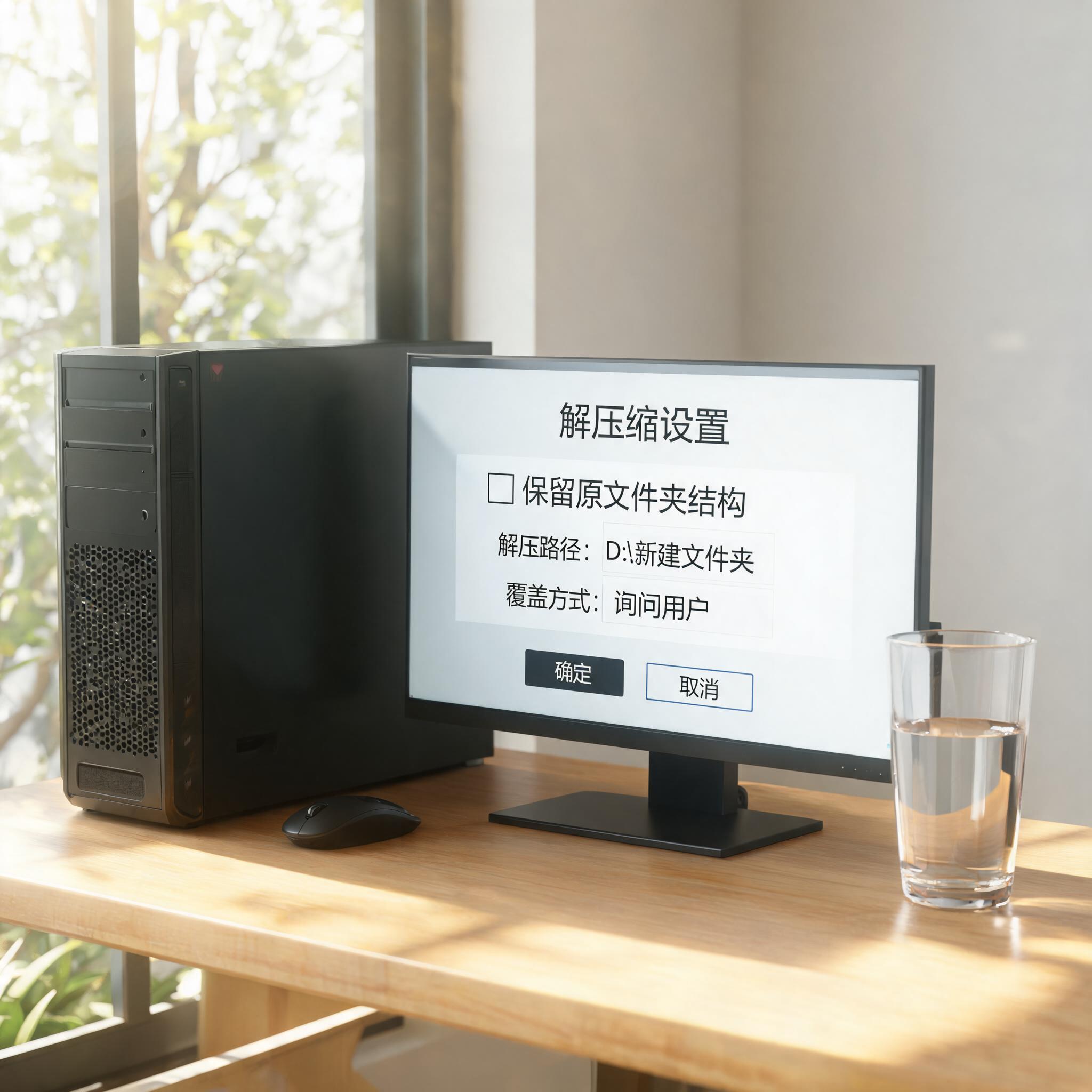 书桌上的主机，屏幕显示解压缩设置界面，桌角放着水杯，自然光