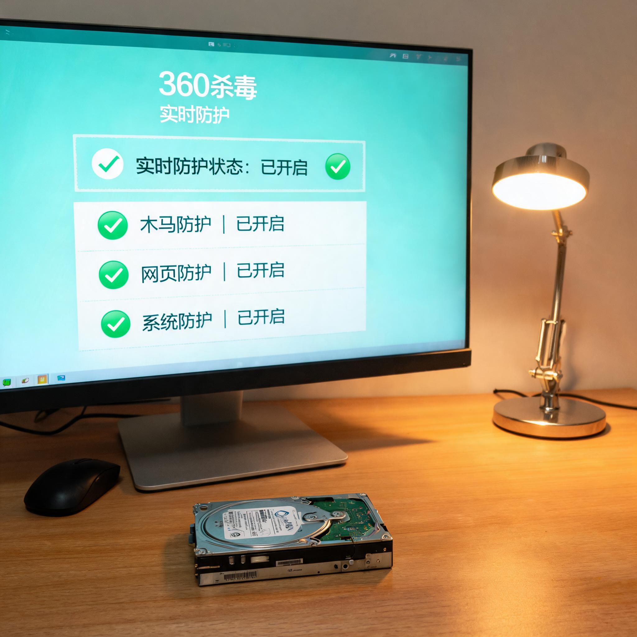 电脑桌上的硬盘，屏幕显示360 杀毒实时防护功能界面，旁边放着台灯