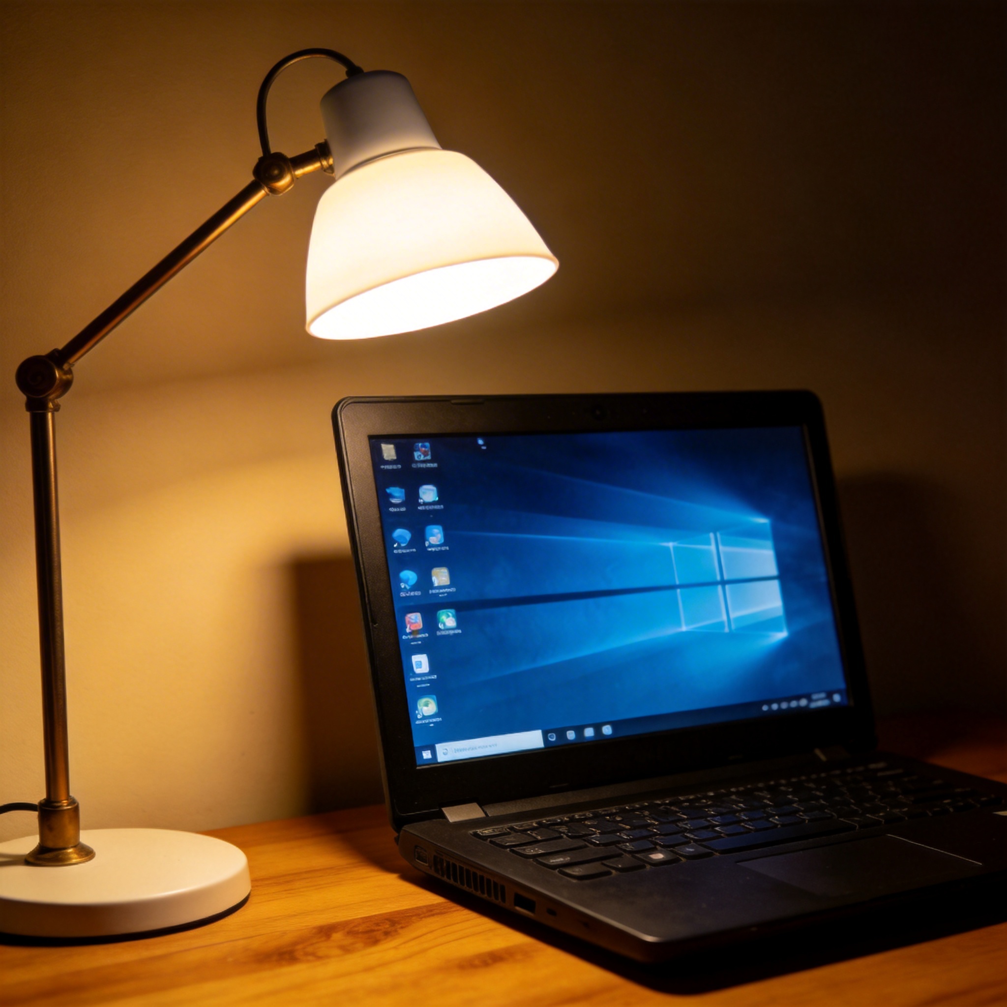 电脑桌上的电脑，屏幕显示Windows桌面，旁边放着台灯
