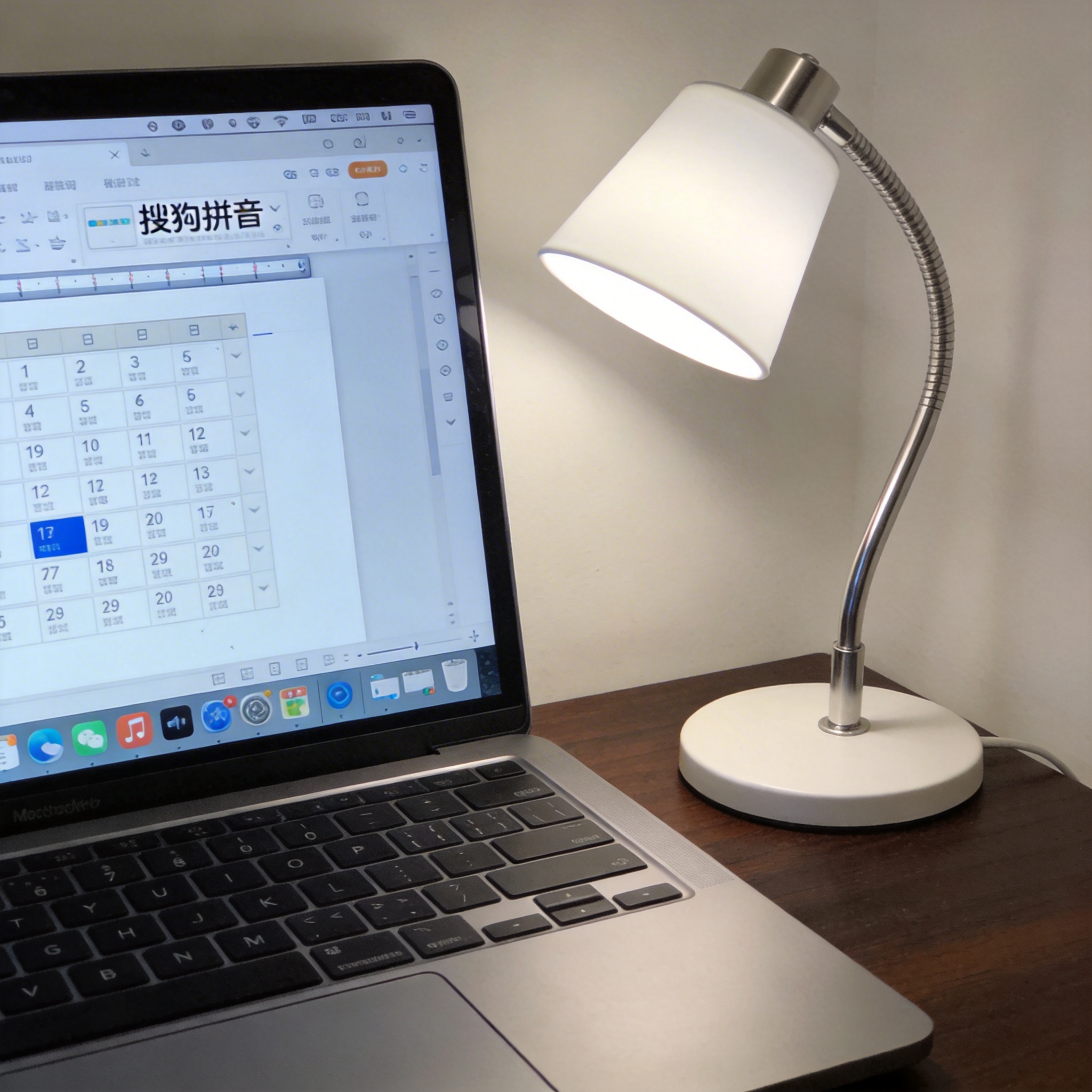 电脑桌上的电脑，屏幕显示搜狗拼音输入法界面，旁边放着台灯