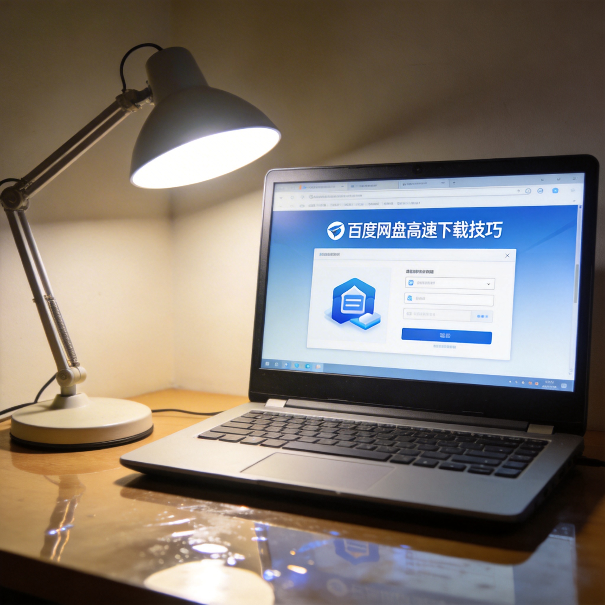 电脑桌上的电脑，屏幕显示百度网盘高速下载技巧界面，旁边放着台灯