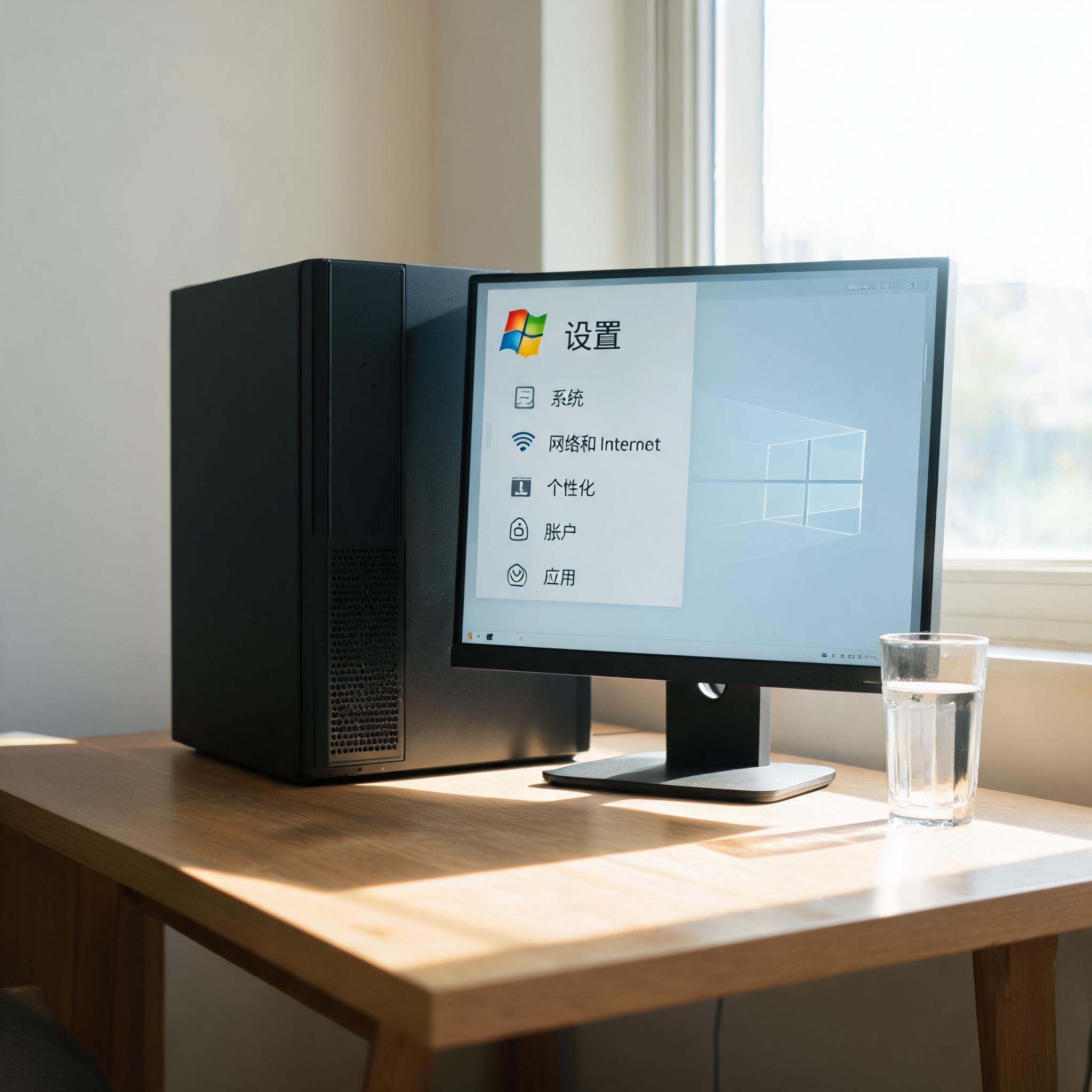 书桌上的主机，屏幕显示Windows设置界面，桌角放着水杯，自然光