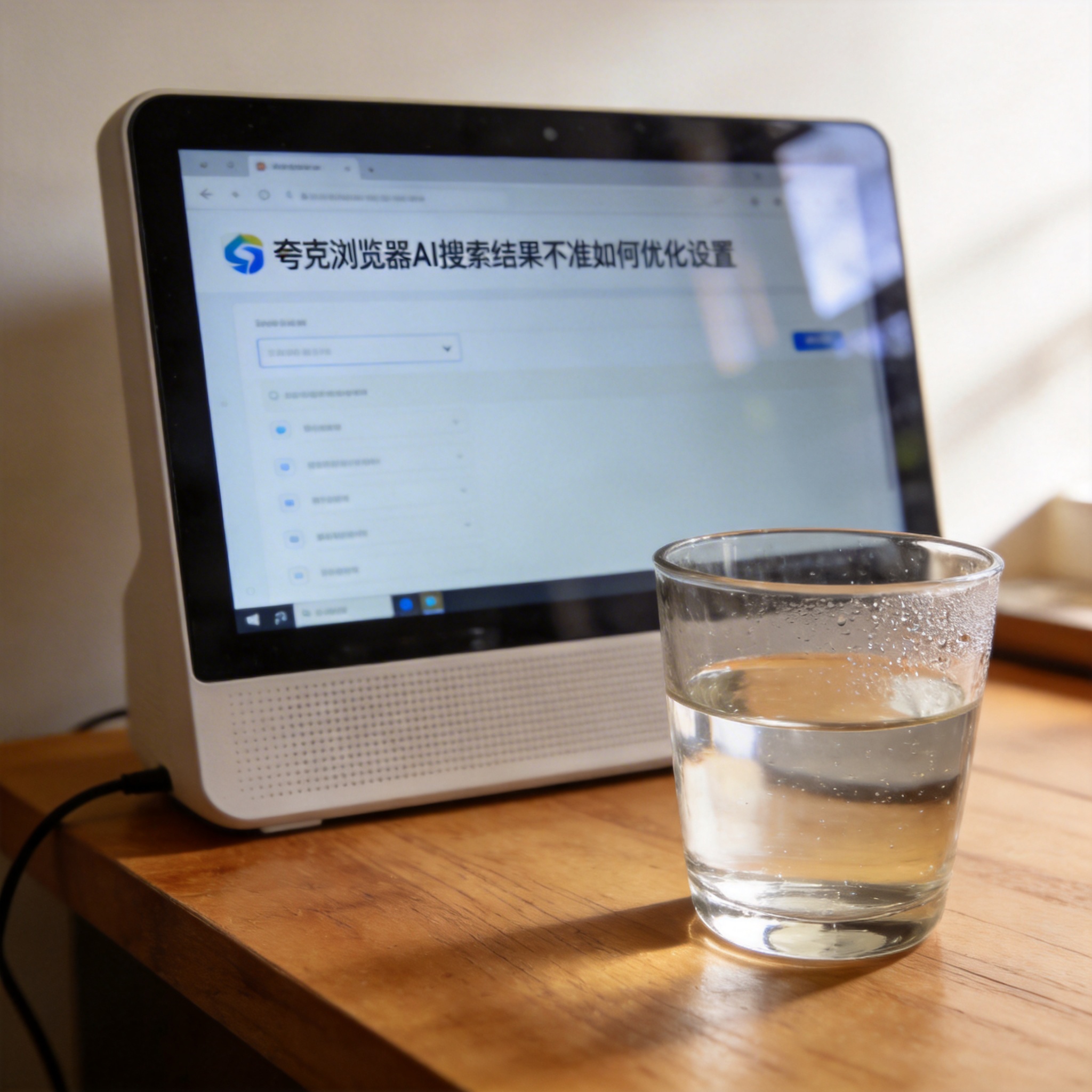 书桌上的主机，屏幕显示夸克浏览器 AI 搜索结果不准如何优化设置界面，桌角放着水杯，自然光