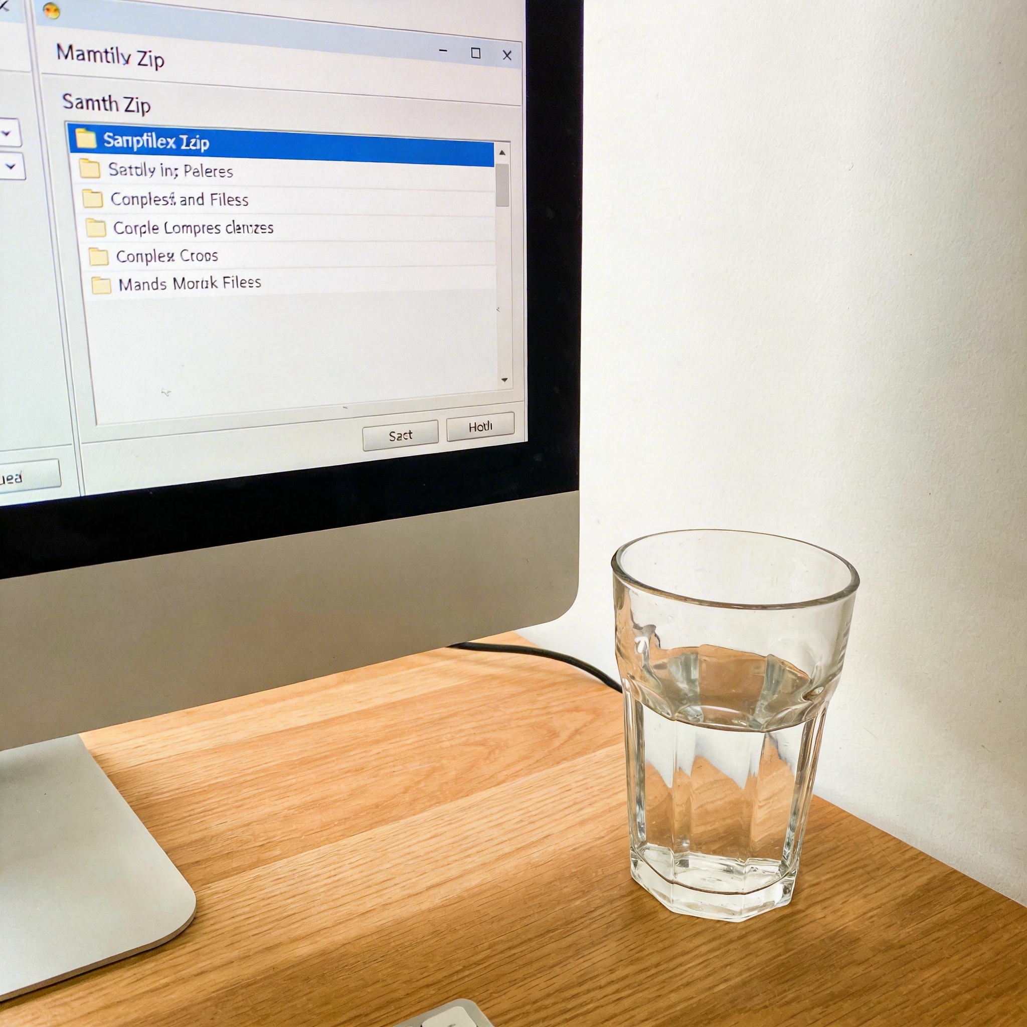 书桌上的主机，屏幕显示批量 zip 文件压缩工具设置界面，桌角放着水杯，自然光