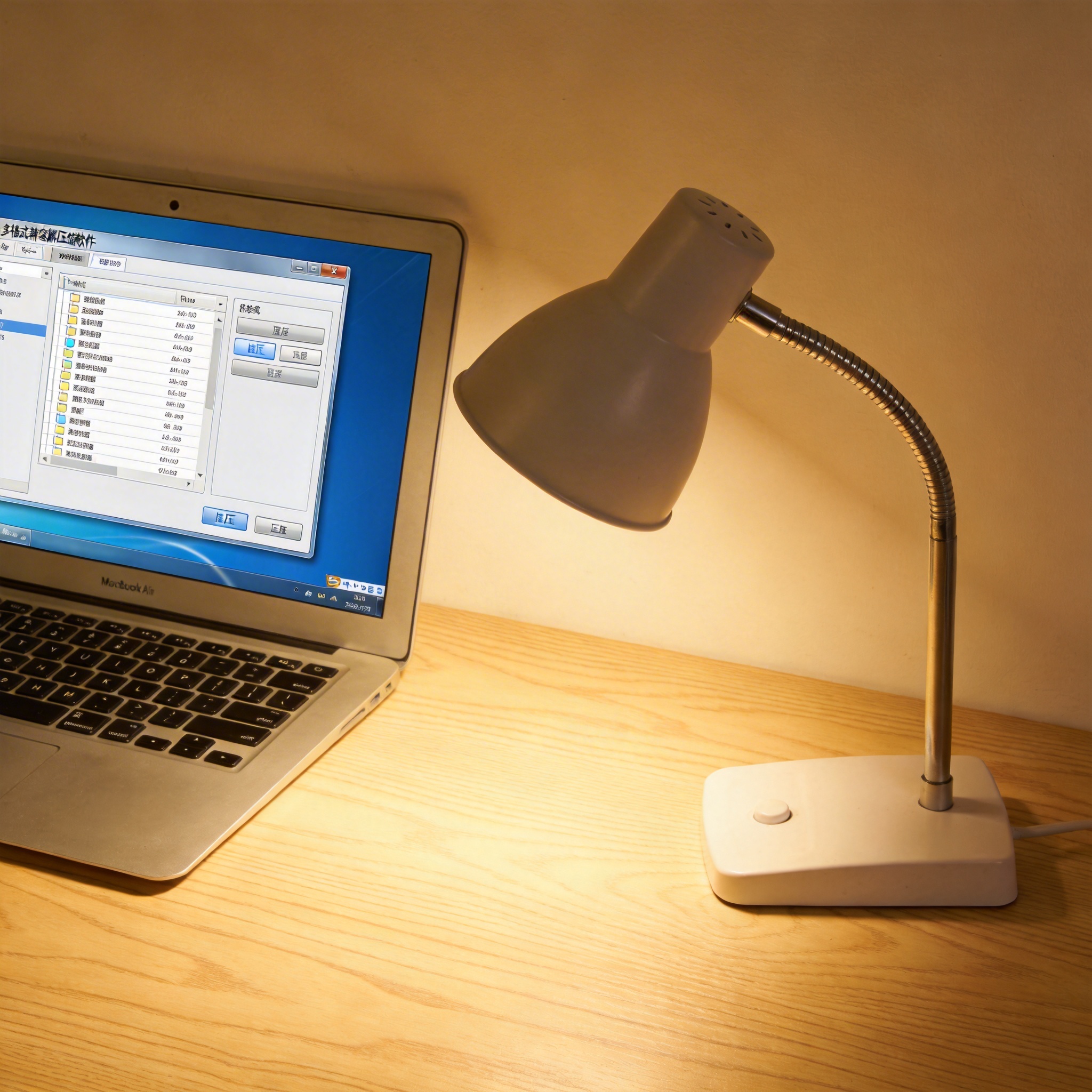 电脑桌上的电脑，屏幕显示多格式兼容解压缩软件窗口，旁边放着台灯