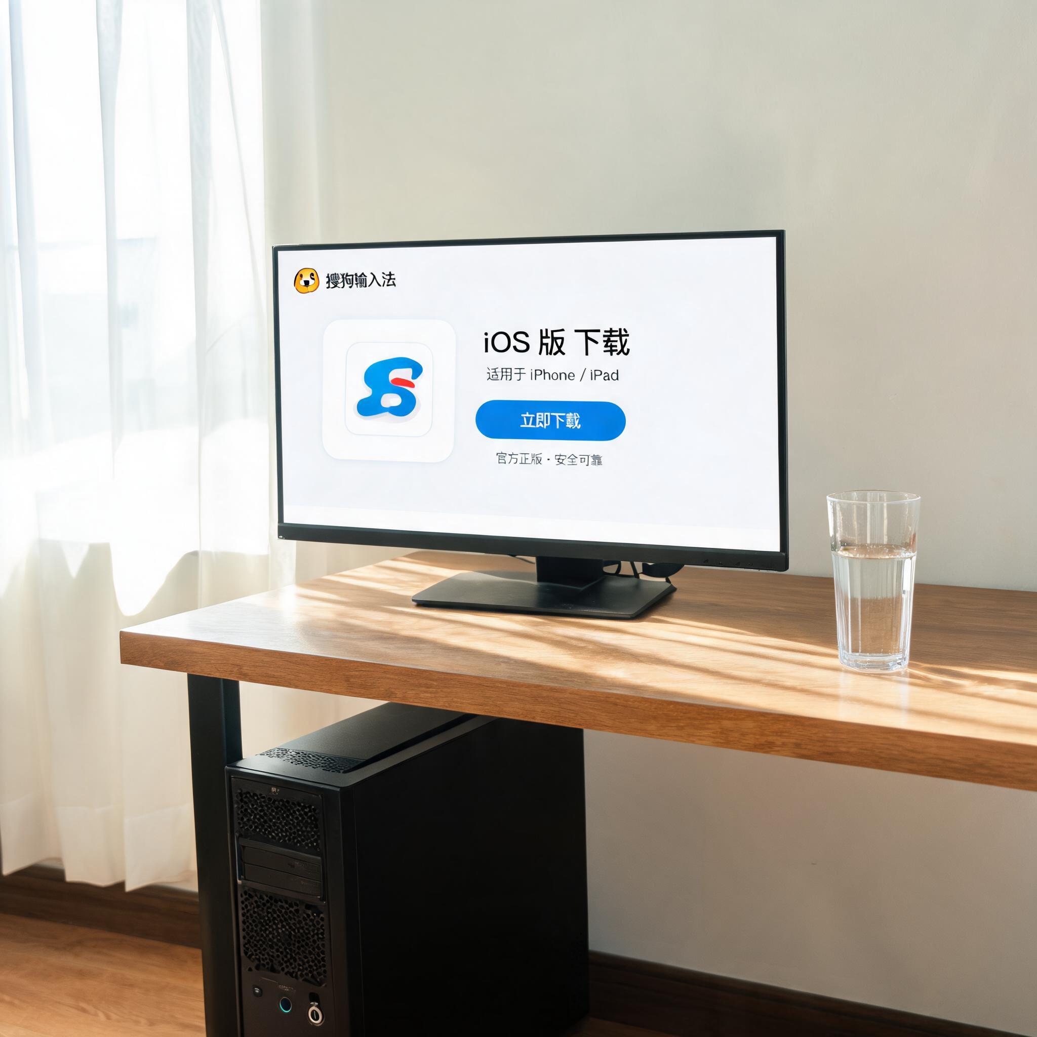 书桌上的主机，屏幕显示搜狗输入法 iOS 版下载设置界面，桌角放着水杯，自然光