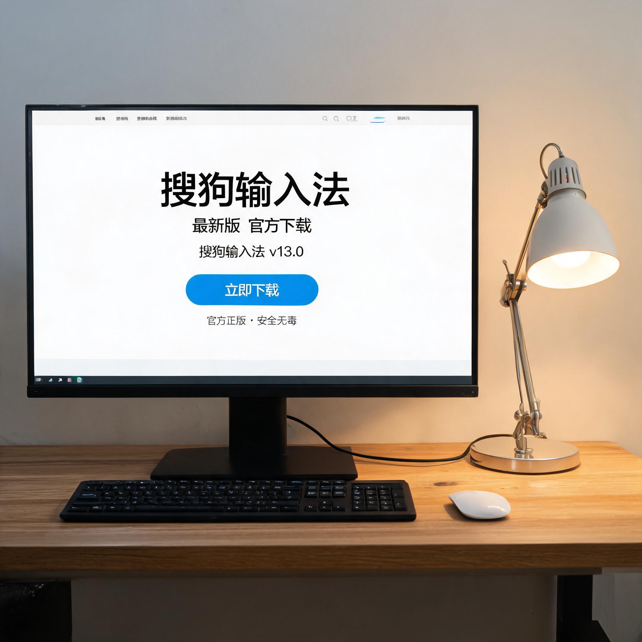 电脑桌上的电脑，屏幕显示搜狗输入法最新版下载界面，旁边放着台灯