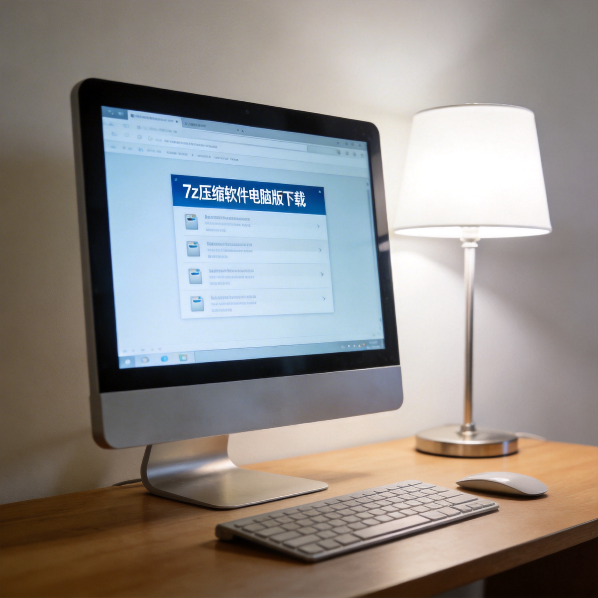 电脑桌上的电脑，屏幕显示7z 压缩软件电脑版下载菜单，旁边放着台灯